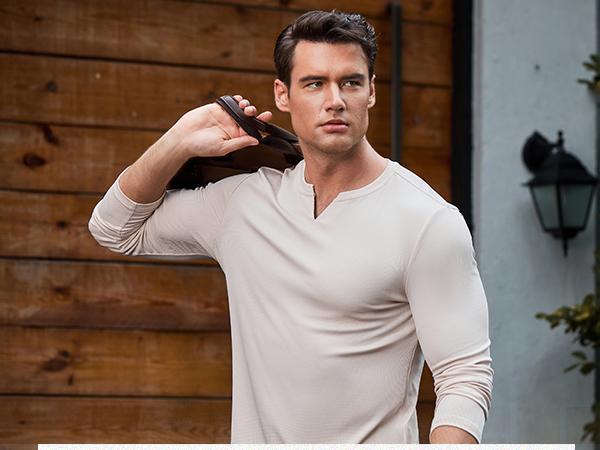 JMIERR Men's Plain Casual Muscle Shirts for Men Slim Fitted T Shirt V-Neck Longline Ribbed Tees Shirts Long Sleeve Gym Workout Athletic Menswear Tops,Men's clothing for Daily Wear,Fashion Outfits 2025