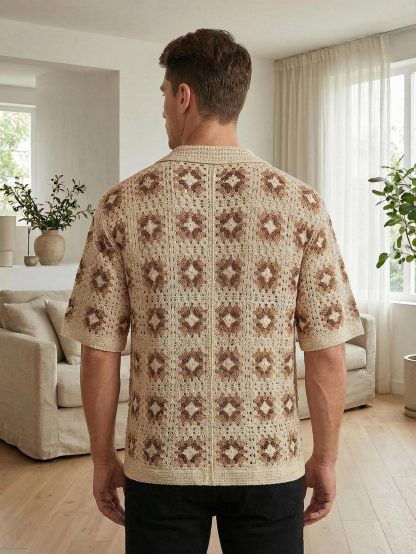 Men's Crochet Knit Button Down Shirt Short-Sleeve Boho Vacation Beach Shirt