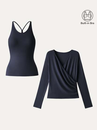 LiteWarm Two-Piece Set Cami with Surplice Ruched Built-In Bra Top
