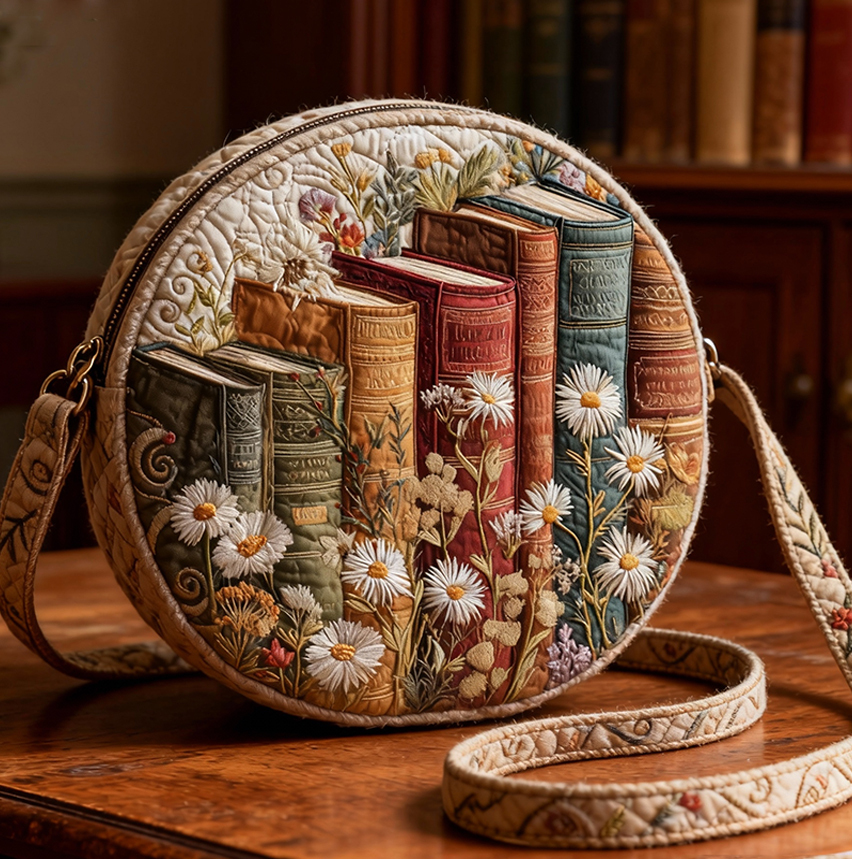 Vintage Bookish Quilted Circle Crossbody Bag