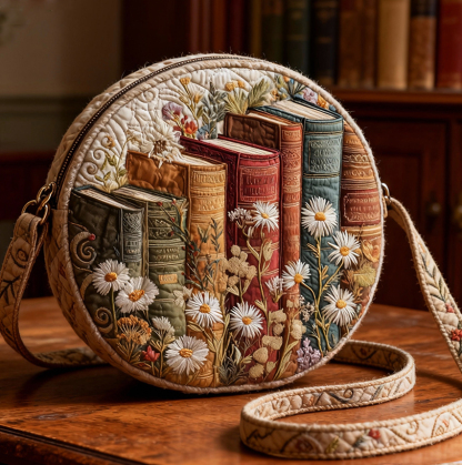 Vintage Bookish Quilted Circle Crossbody Bag