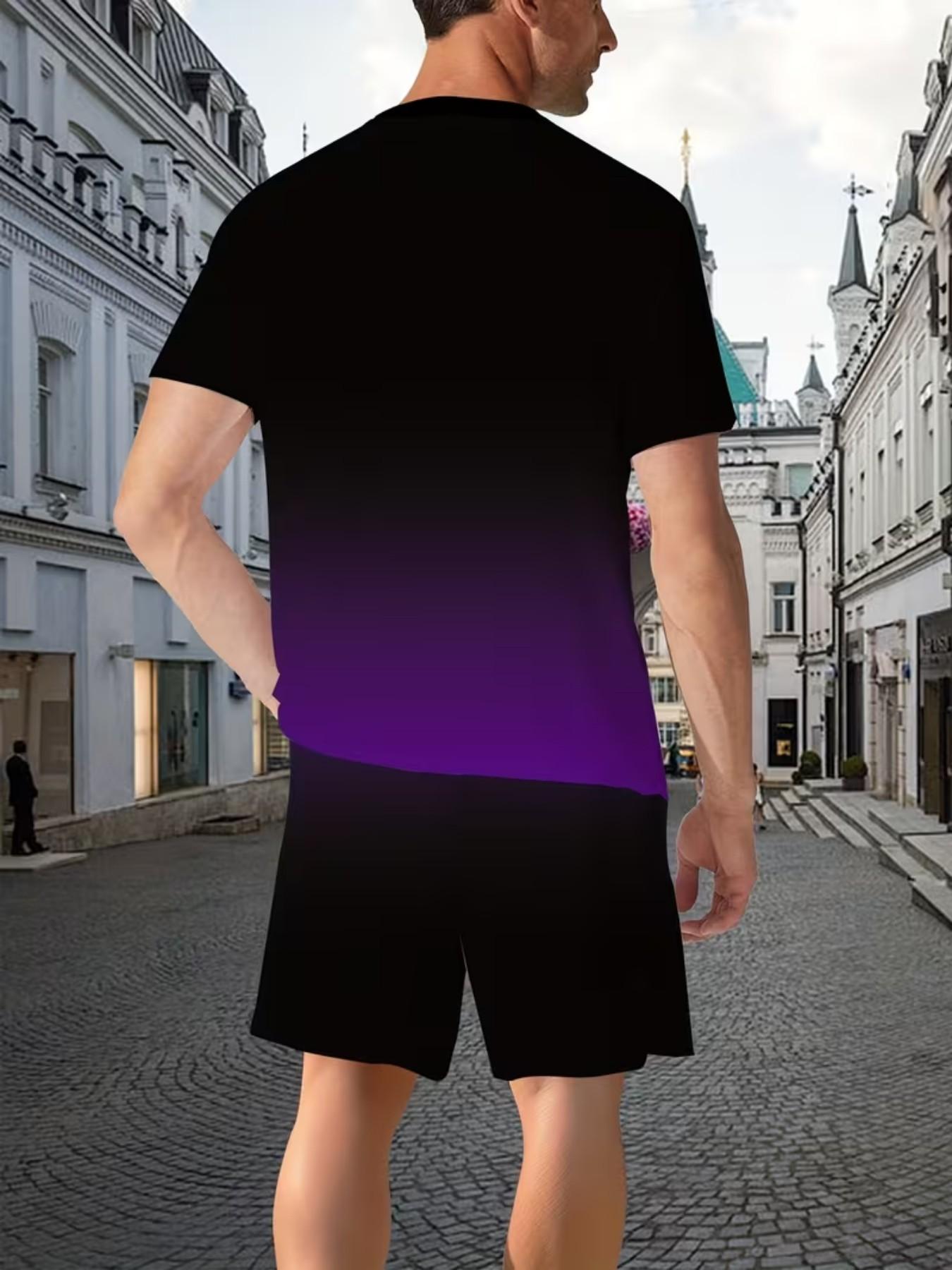 Men's Gradient Fitness Short Sleeve Set, Summer Trendy Sportswear Casual Two-Piece, Fitted Tee and Shorts, Regular Length, Workout Sets