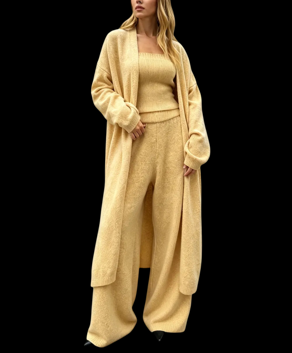 Three-Piece Knit Bustier Cardigan Pants Set