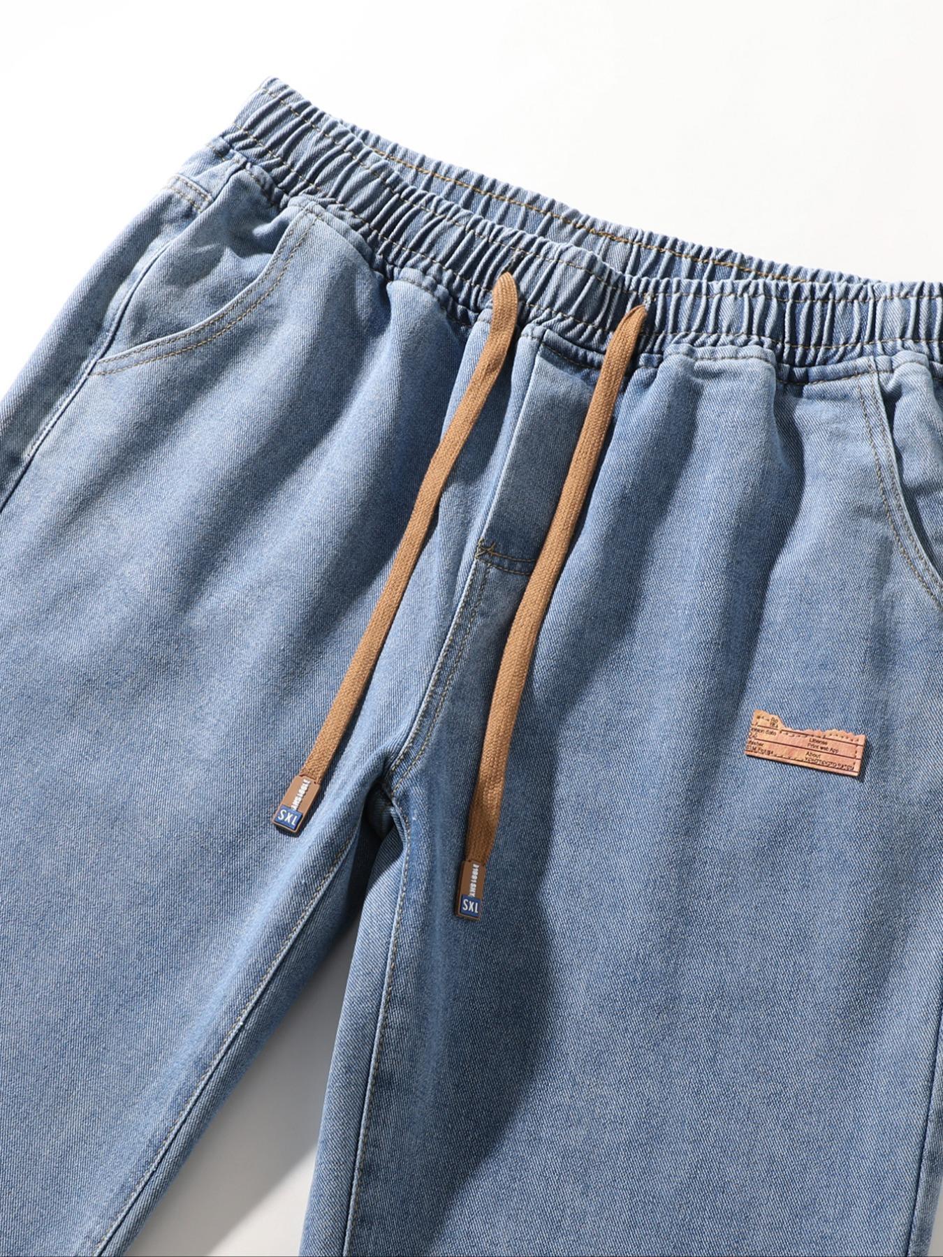 Men's drawstring waist straight-cut jeans, solid-colored Classic casual versatile non-stretch denim trousers, well-fitted straight-cut style, suitable for year-round wear, slightly smaller sizing recommended to order one size up