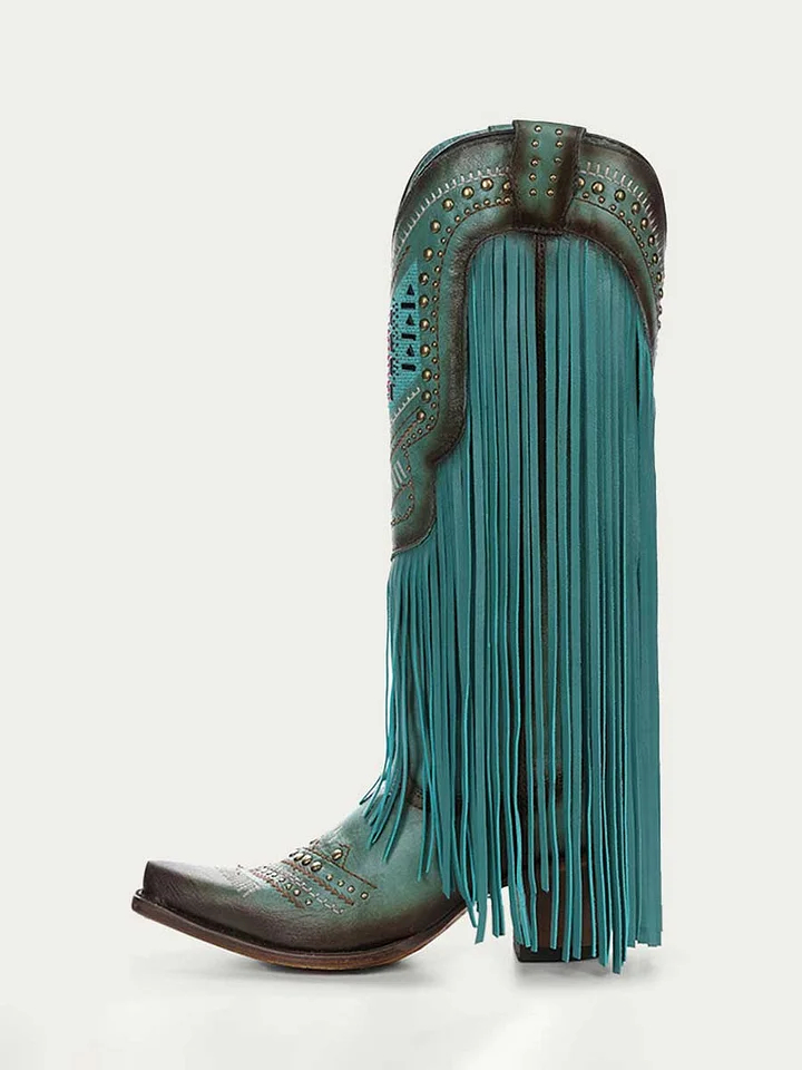 Turquoise Distressed Snip Toe Fringe Studded Wide Calf Cowgirl Boots