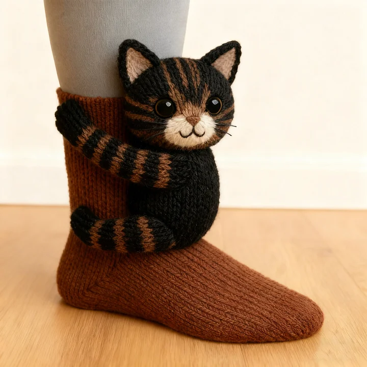 3D Tabby Cat Socks - Brown