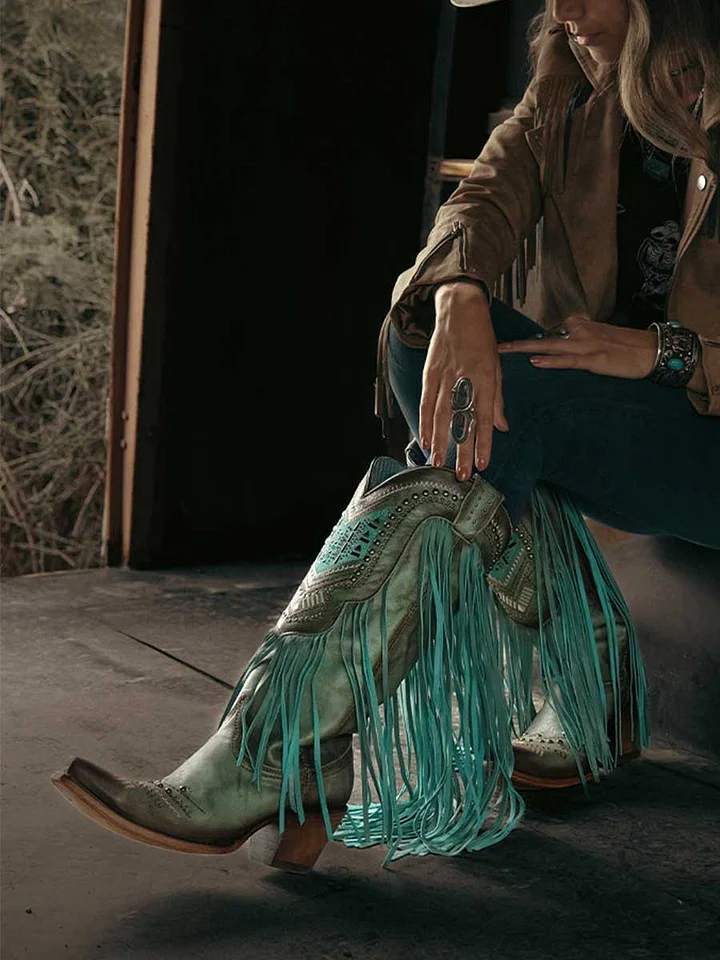 Turquoise Distressed Snip Toe Fringe Studded Wide Calf Cowgirl Boots