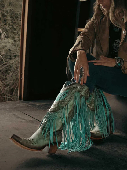 Turquoise Distressed Snip Toe Fringe Studded Wide Calf Cowgirl Boots
