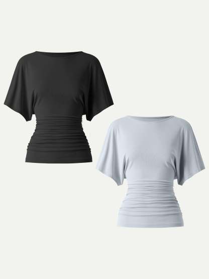 Effortless Boatneck Batwing Sleeve Side Ruched Top