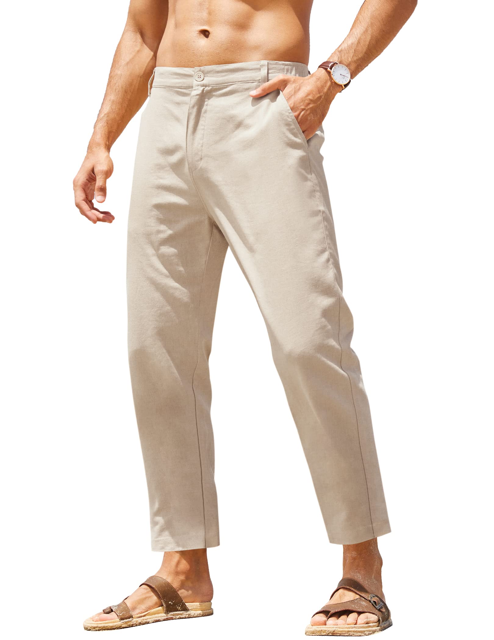 Men's Cotton Linen Pants Elastic Waist Lightweight Casual Pant