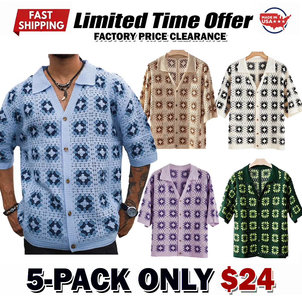 Men's Crochet Knit Button Down Shirt Short-Sleeve Boho Vacation Beach Shirt