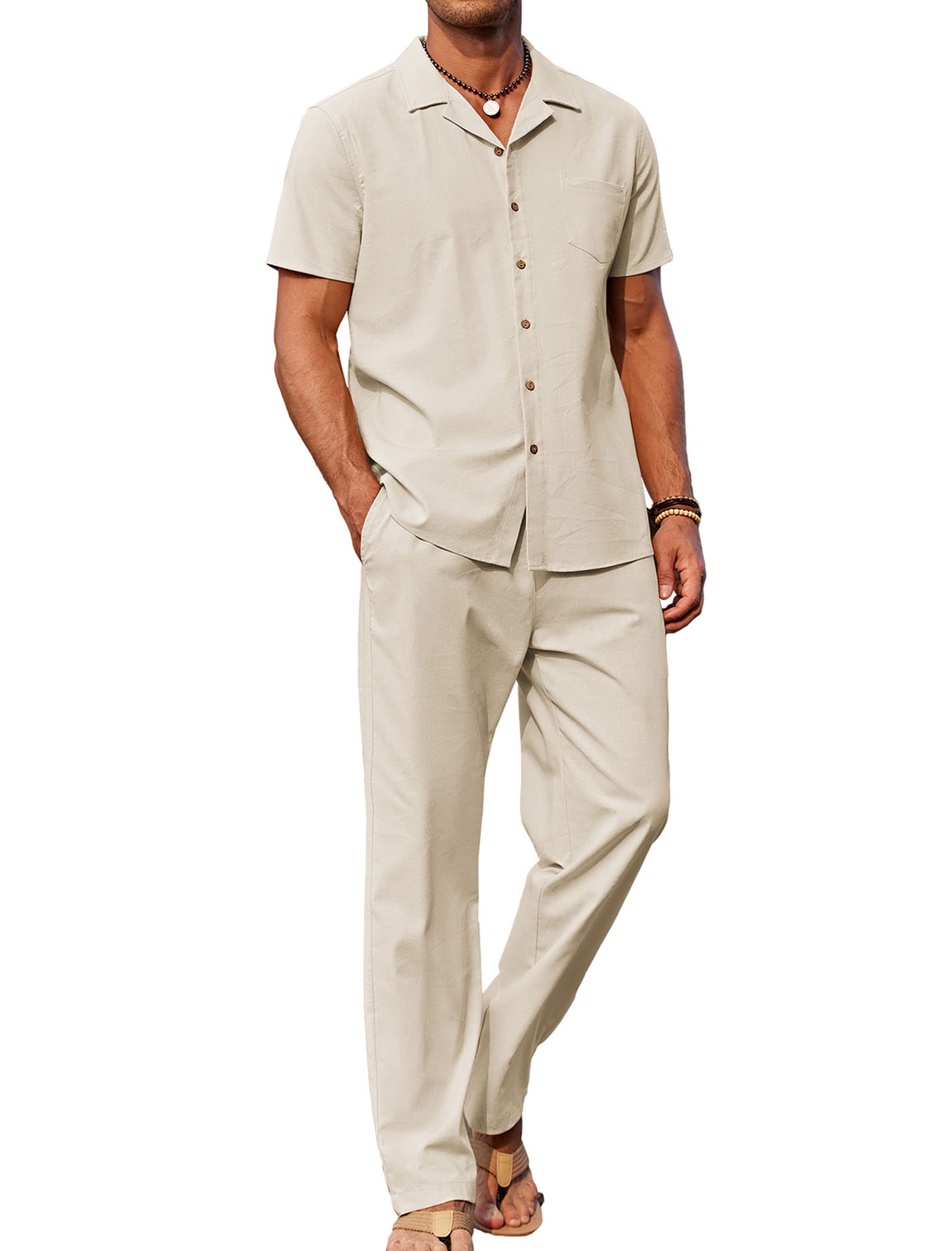 🔥Hot Summer Pick - Men's 2-Piece Linen Outfit Beach Button Down Shirt & Casual Loose Pant Set