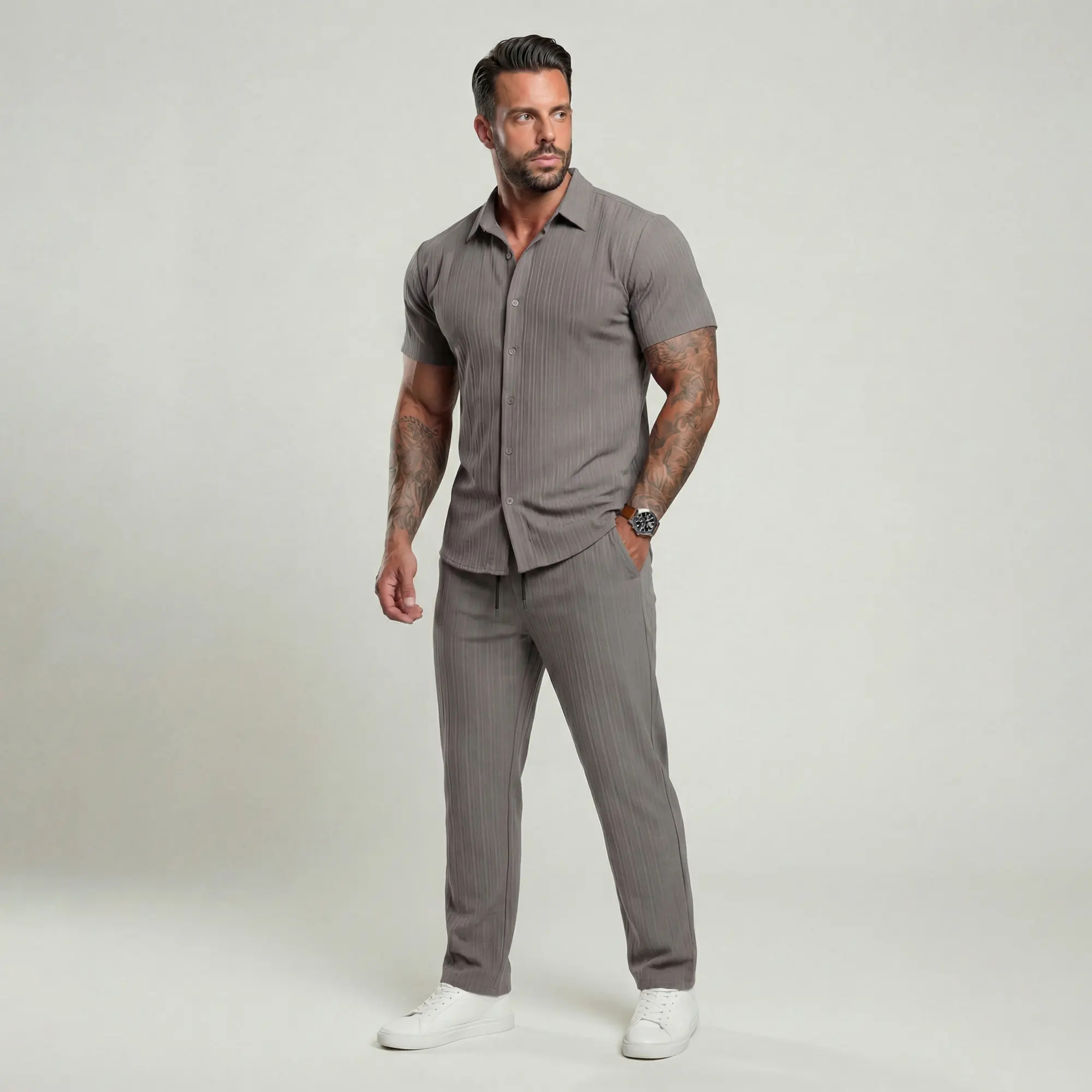 🔥Hot Summer Pick - Men's Button-Front Shirt & Drawstring Pocket Trousers Set