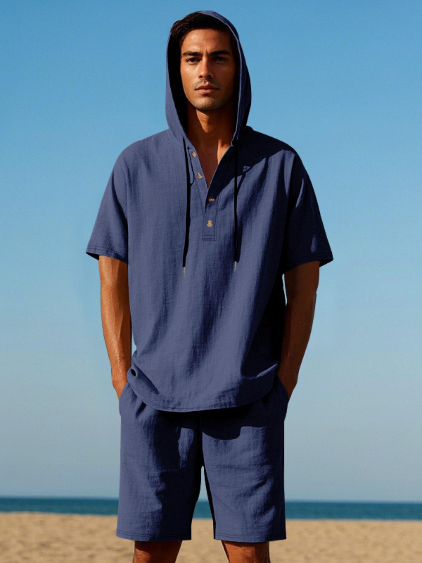 Men's Lightweight Linen Short Sleeve Hooded Henley Shirt & Short 2-Piece Set