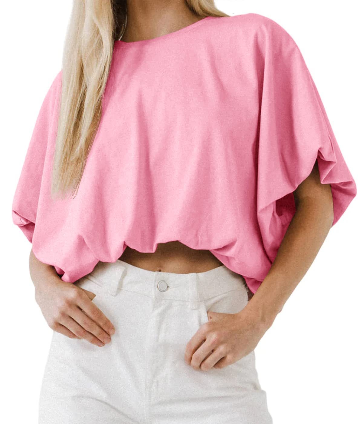 Women's Crewneck Crop Tops Short Sleeve Casual Loose Cropped T-Shirt