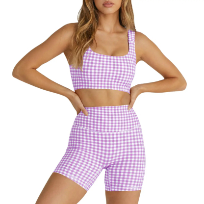 Women's 2-Piece Athleisure Wear Set Padded Gingham Crop Tank Top & High Waisted Sports Yoga Short