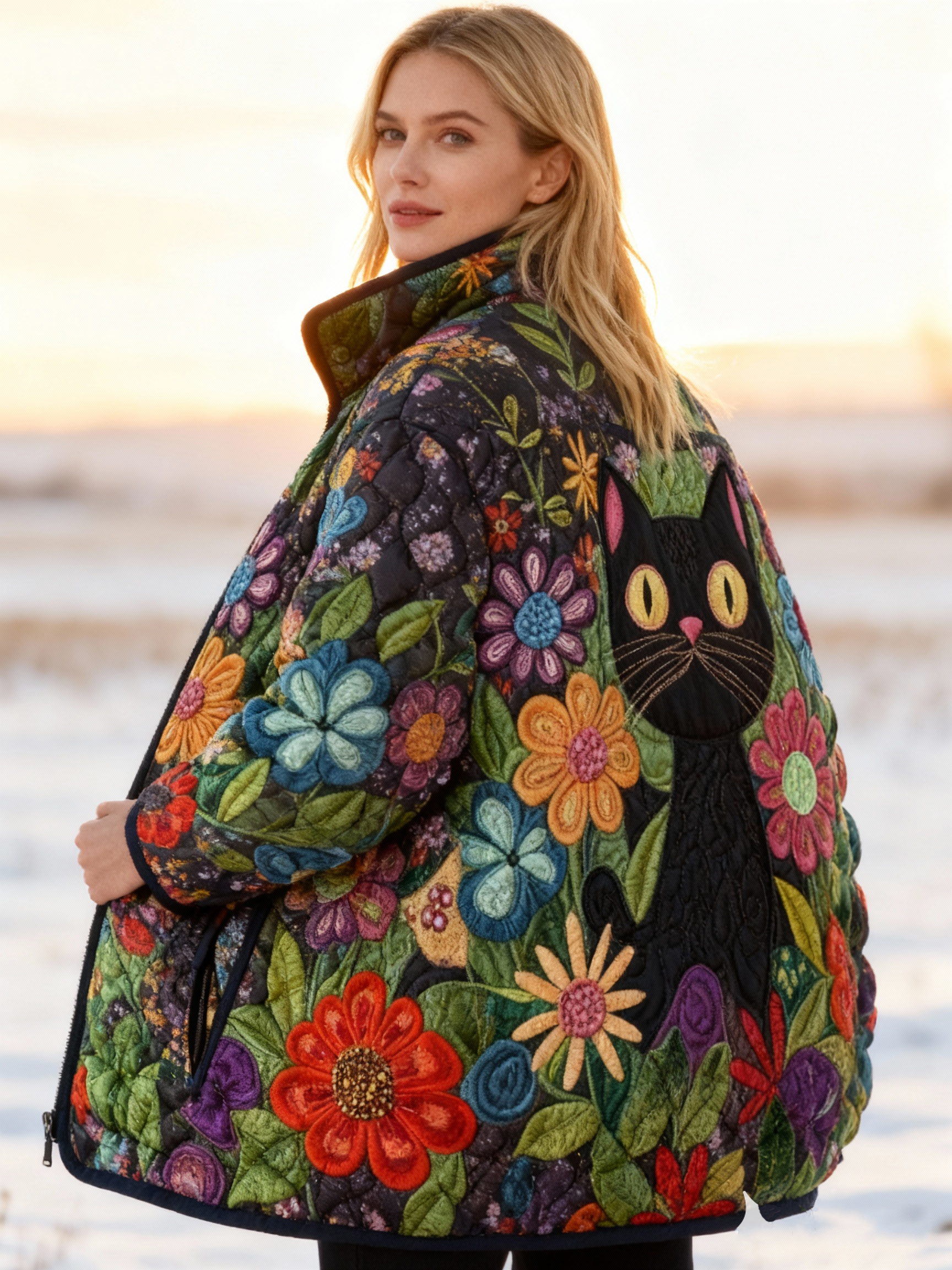 Floral & Black Cat Quilted Jacket Casual Puffer Coat 