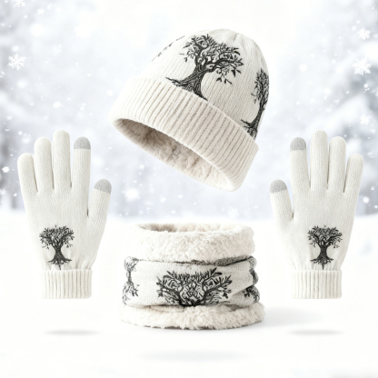 Womens Tree Of Life 3pcs Knit Hat Neck Scarf  & Touchscreen Gloves Set Neck Gaiter Fleece Lined Beanie Winter Gift 