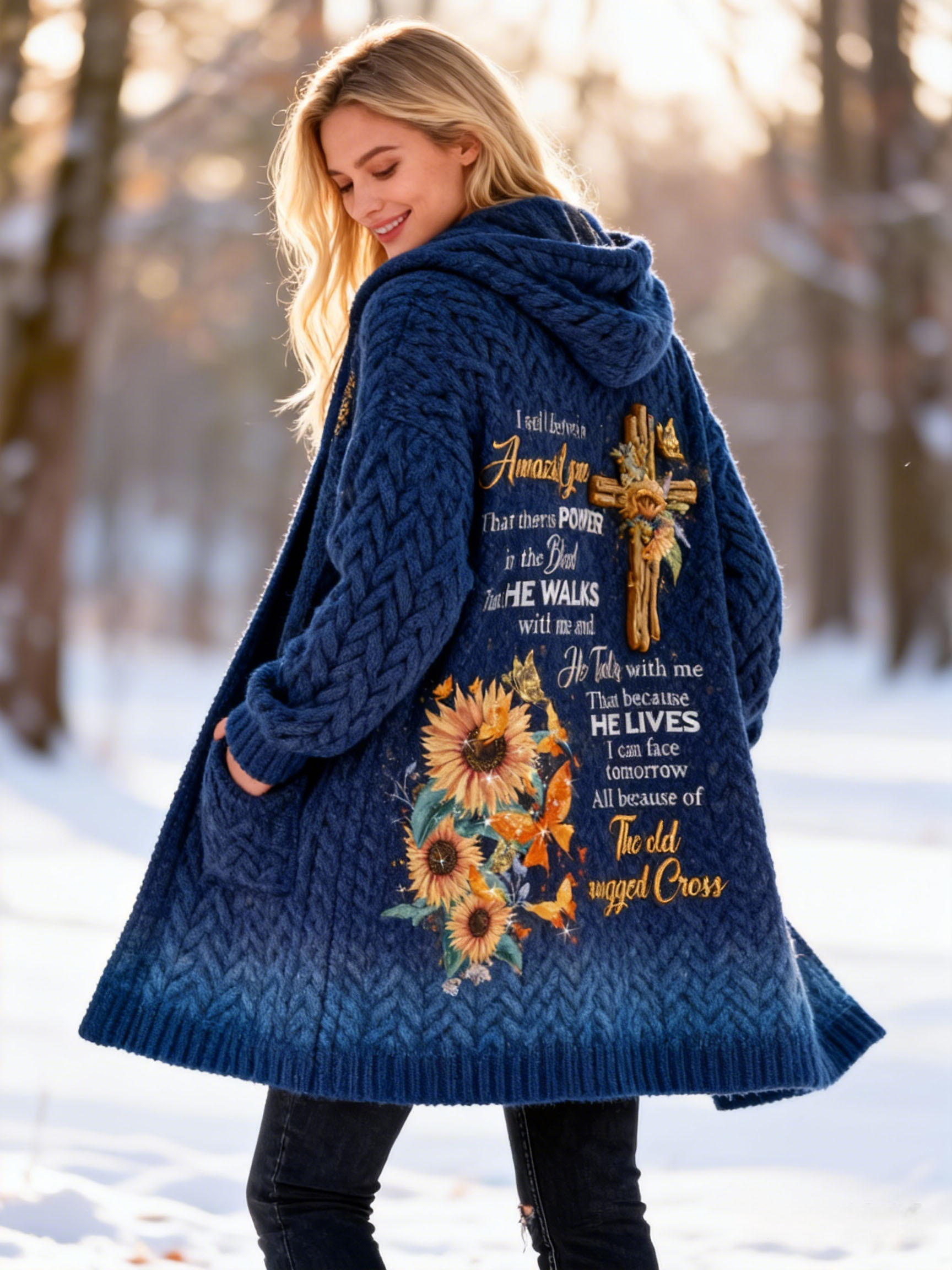  "Amazing Grace" Christian Sunflower & Cross Embroidery Navy Ombre Chunky Knit Hooded Cardigan Soft Long Coat 