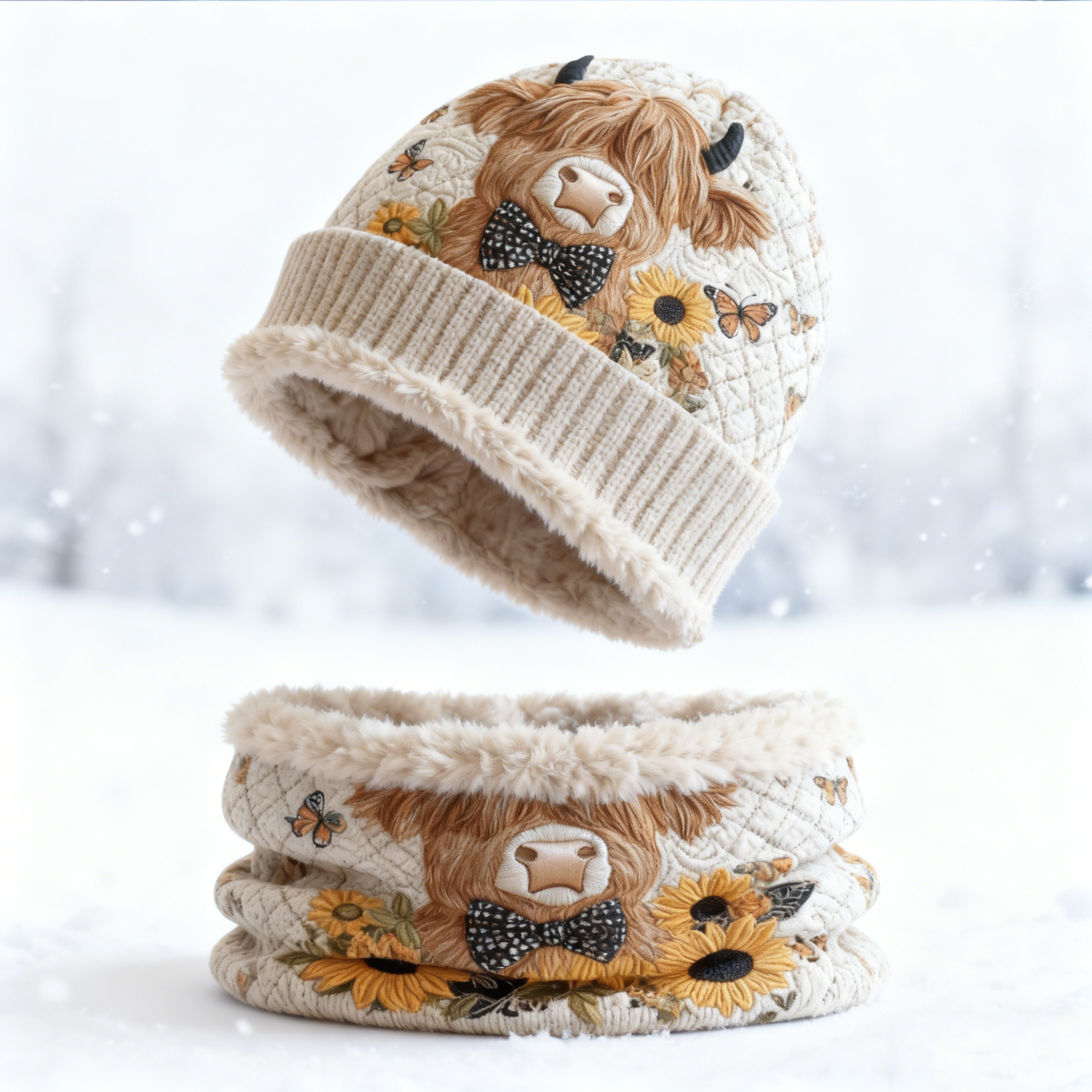 Womens Highland Cow & Sunflower 2pcs Knit Hat Neck Scarf Set Fleece Lined Beanie & Neck Gaiter Winter Gift 