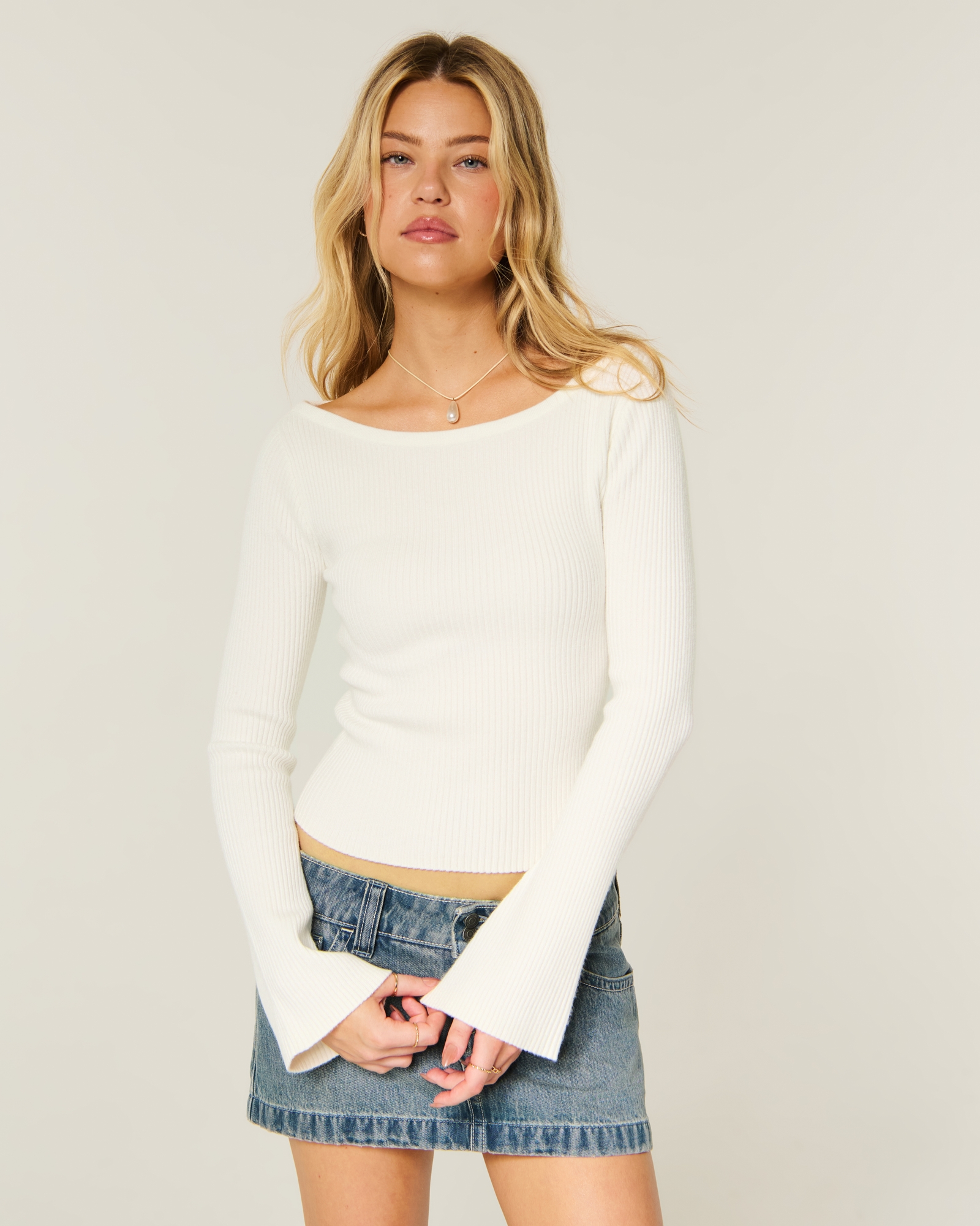 Slash-Neck Bell Sleeve Sweater