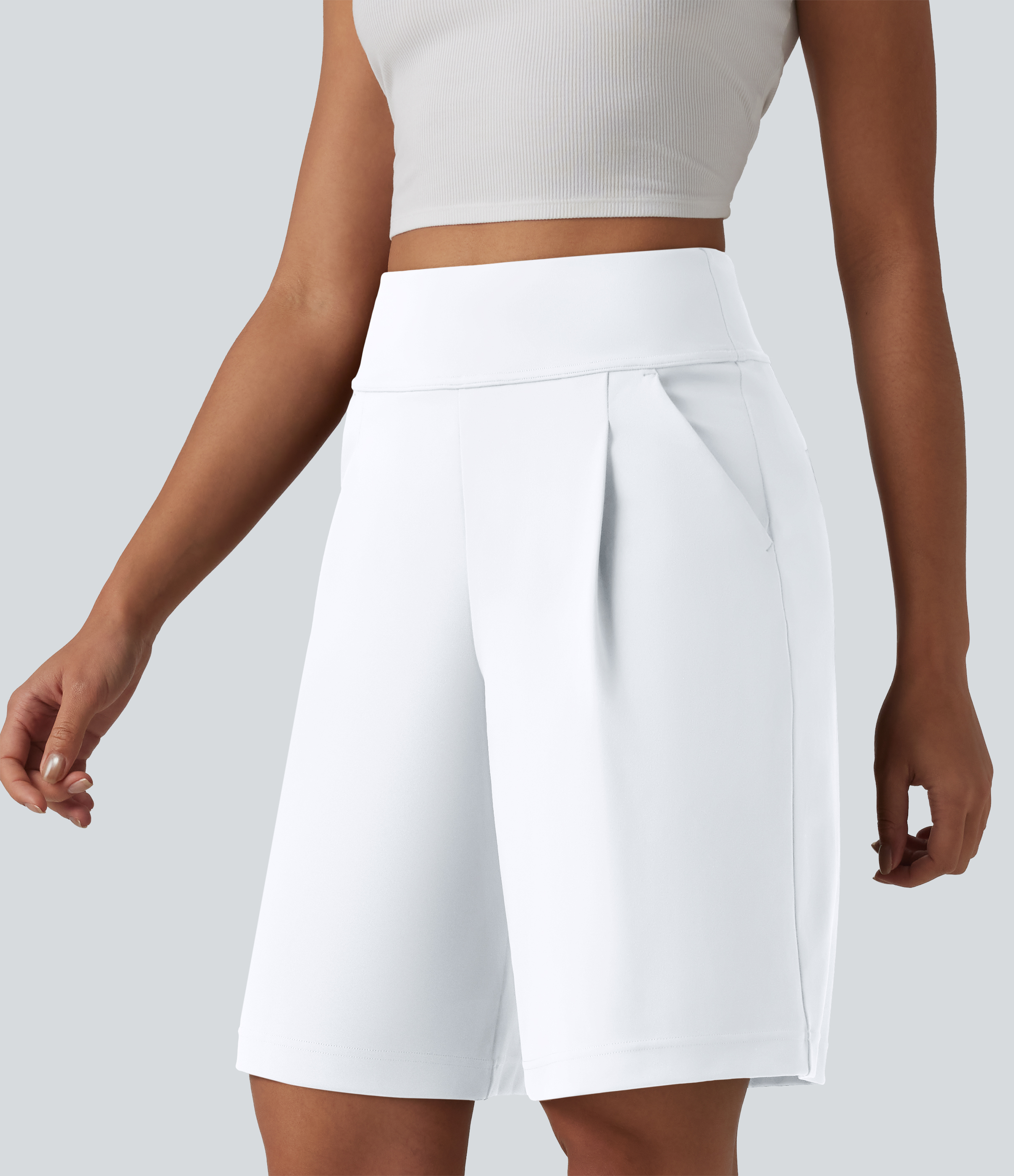 DayStretch High Waisted Pleated Work Bermuda Shorts 10'' with Pockets