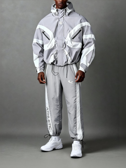 Men's High Street Patchwork Tracksuit Reflective Windbreaker Jacket Athletic Joggers Techwear Set