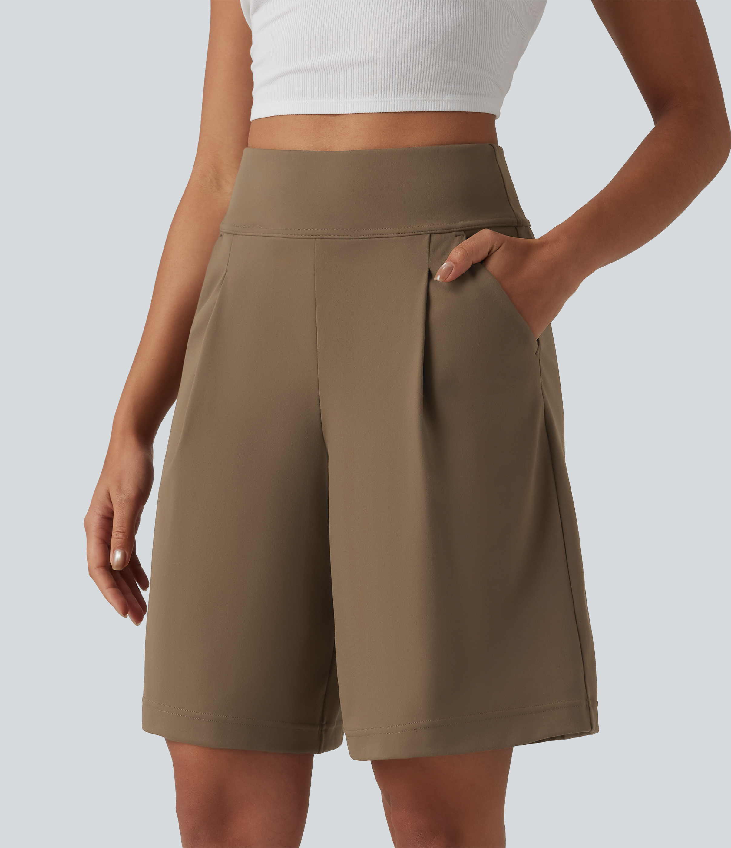 DayStretch High Waisted Pleated Work Bermuda Shorts 10'' with Pockets