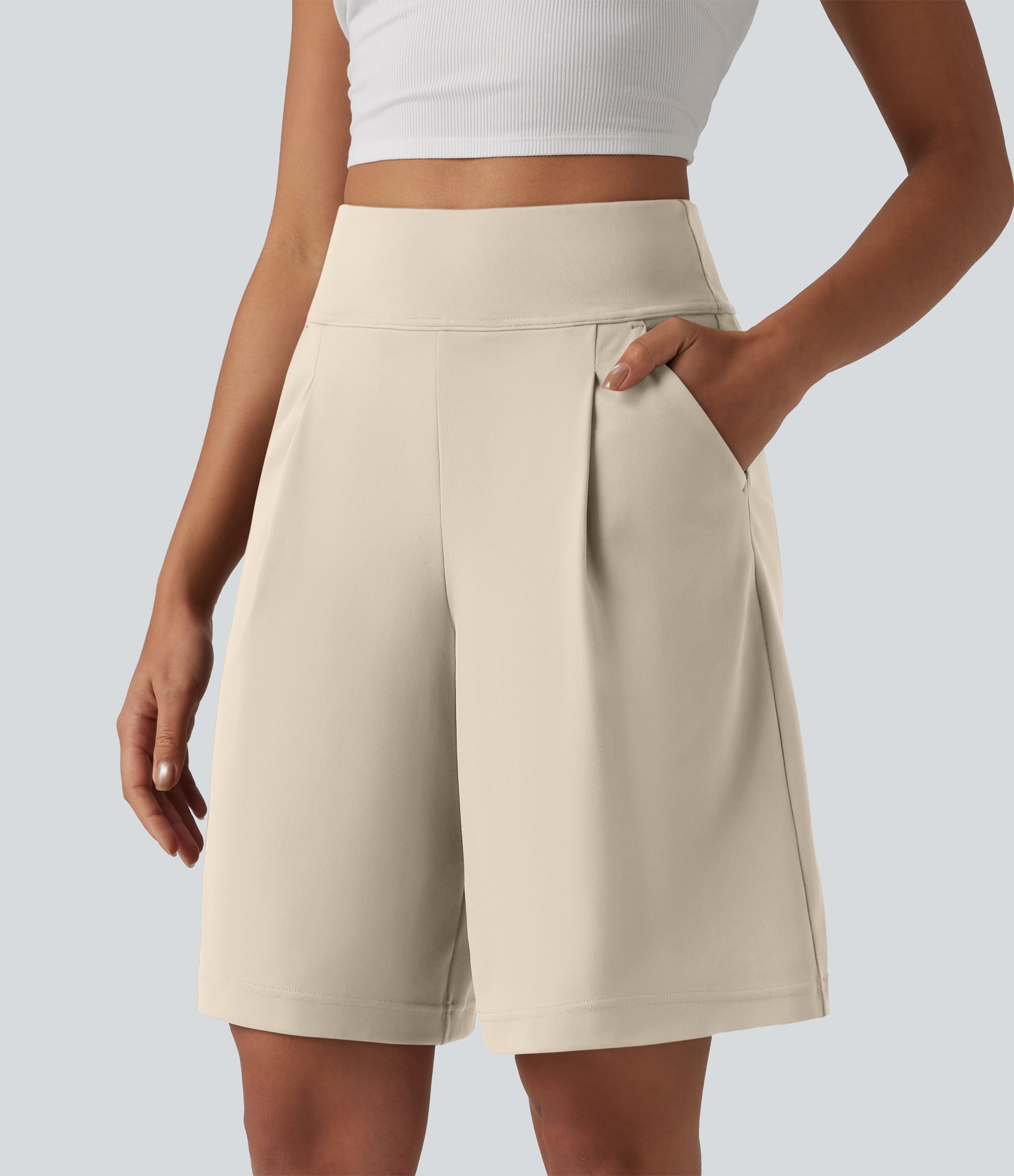 DayStretch High Waisted Pleated Work Bermuda Shorts 10'' with Pockets