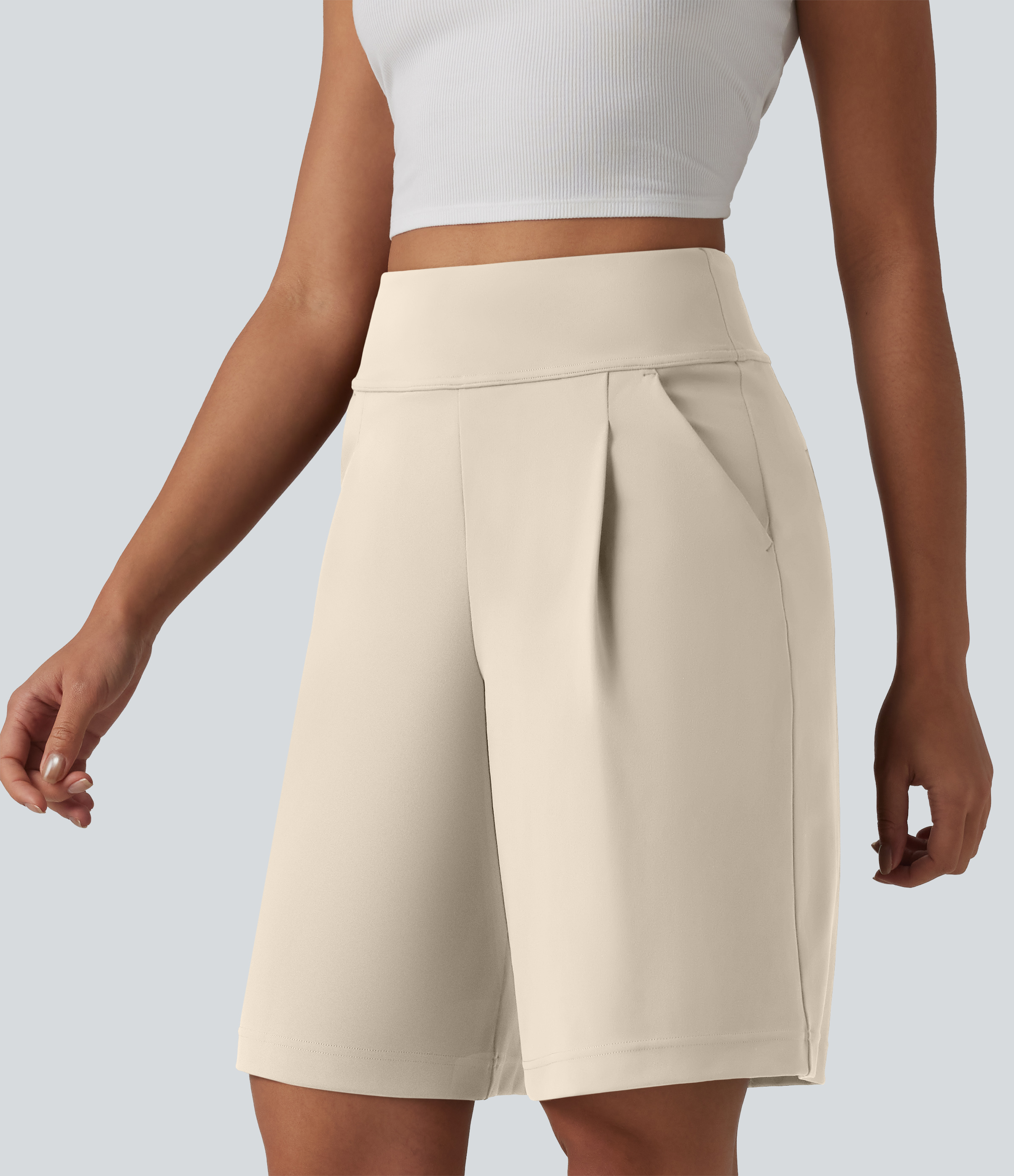 DayStretch High Waisted Pleated Work Bermuda Shorts 10'' with Pockets