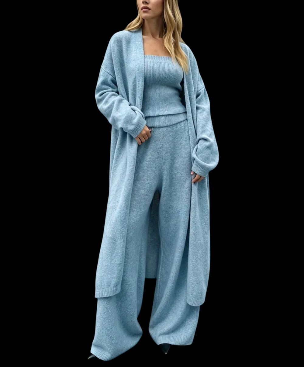 Three-Piece Knit Bustier Cardigan Pants Set