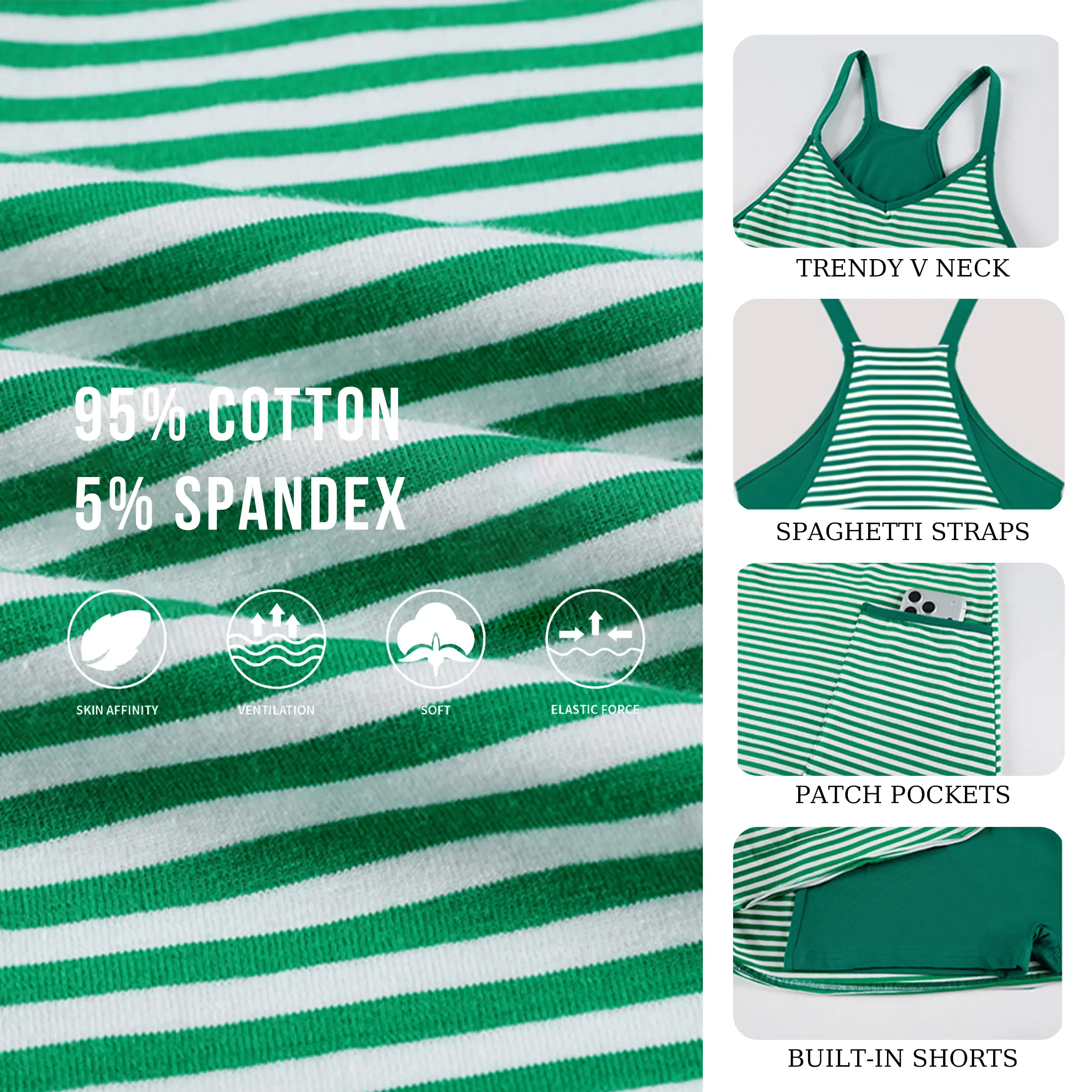 Women's Summer Athletic Mini Dress Sleeveless Built-in Shorts Striped Tennis Workout Dress