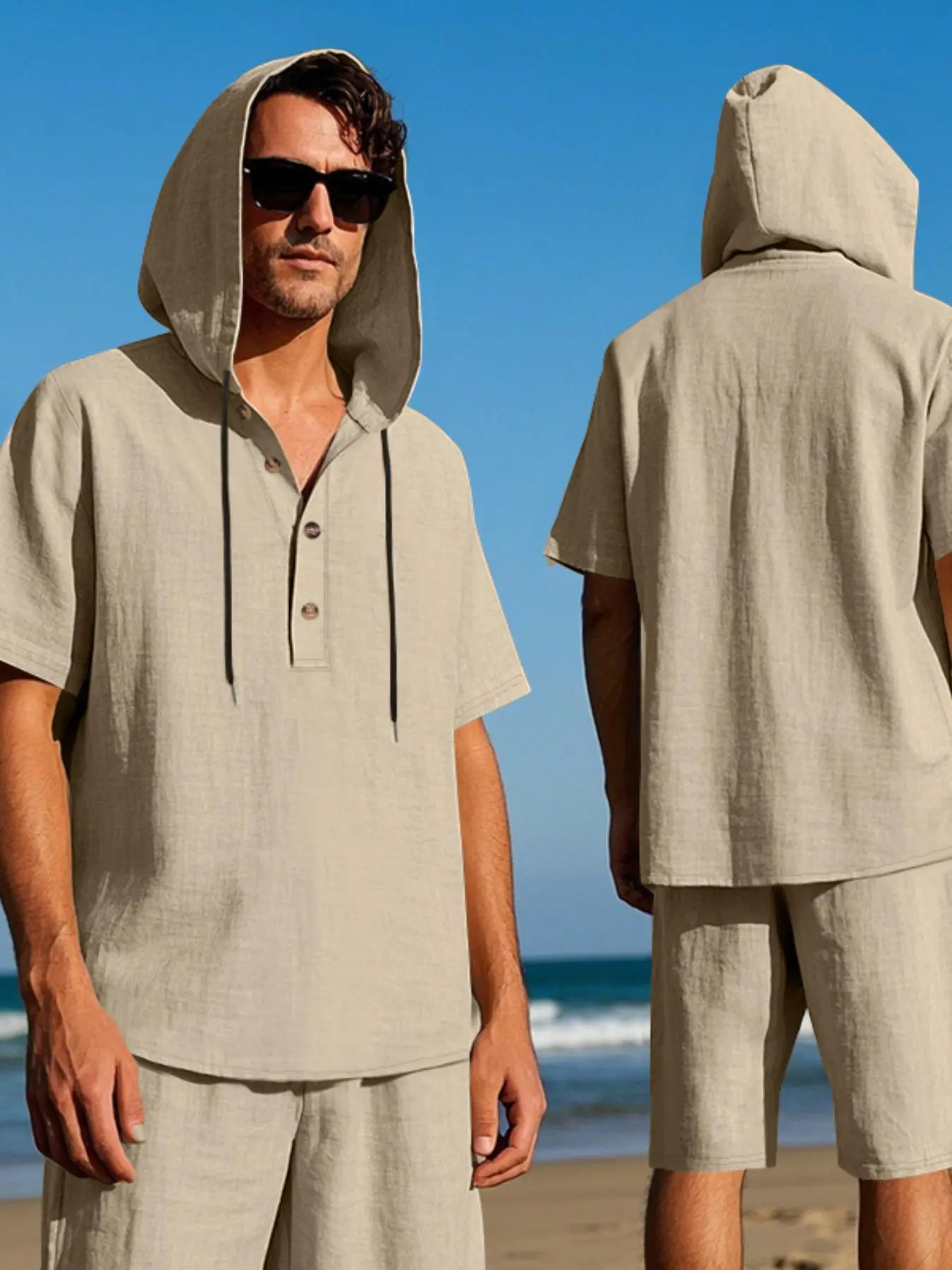 Men's Lightweight Linen Short Sleeve Hooded Henley Shirt & Short 2-Piece Set