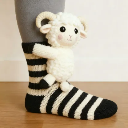 3D Cute Lamb Sheep Socks - Cream&Brown Striped