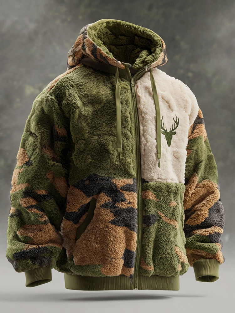 Men's Retro Camouflage And Deer Pattern Plush Warm Zip-up Jacket