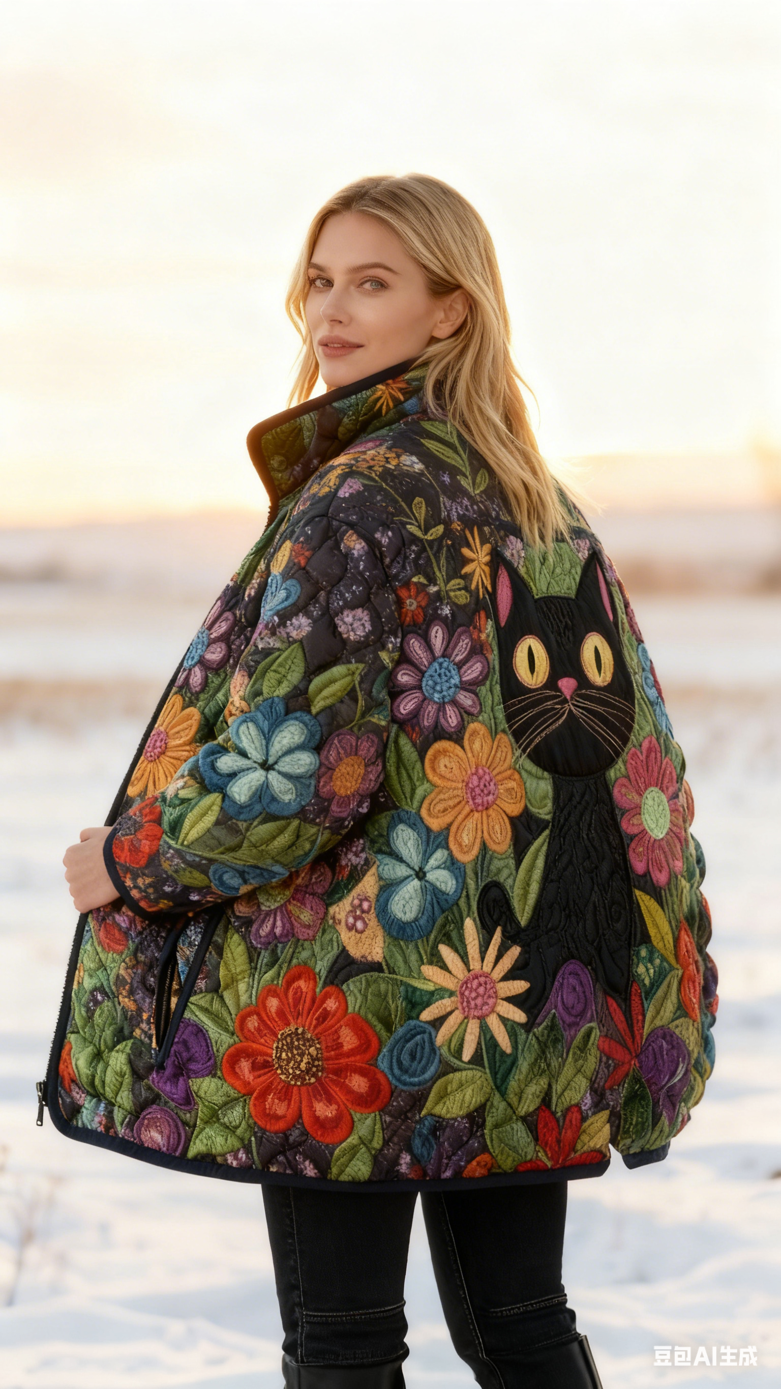 Floral & Black Cat Quilted Jacket Casual Puffer Coat 