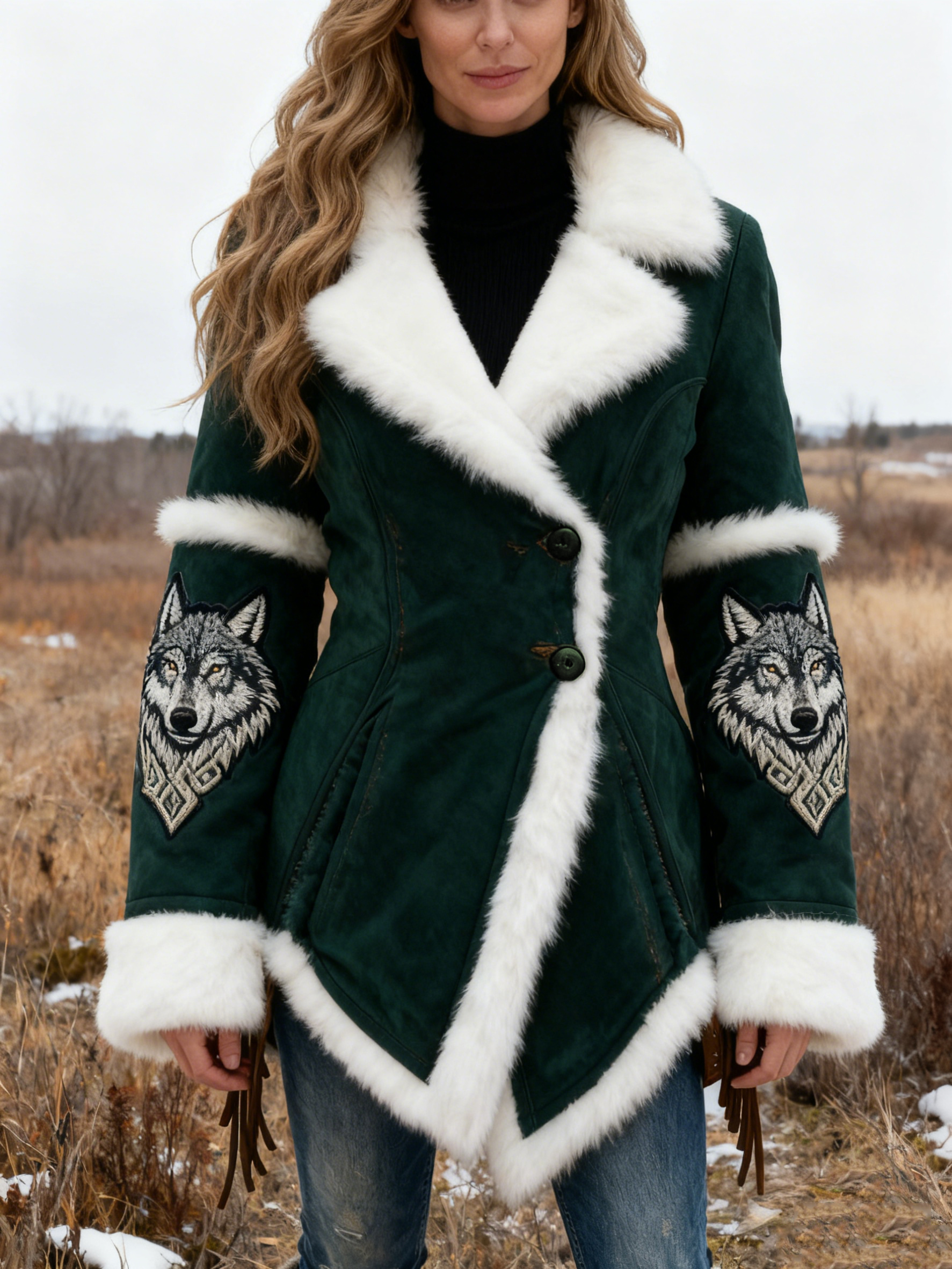 Women's Wolf Embroidered Viking Dark Green Suede Coat with Faux Fur Trim