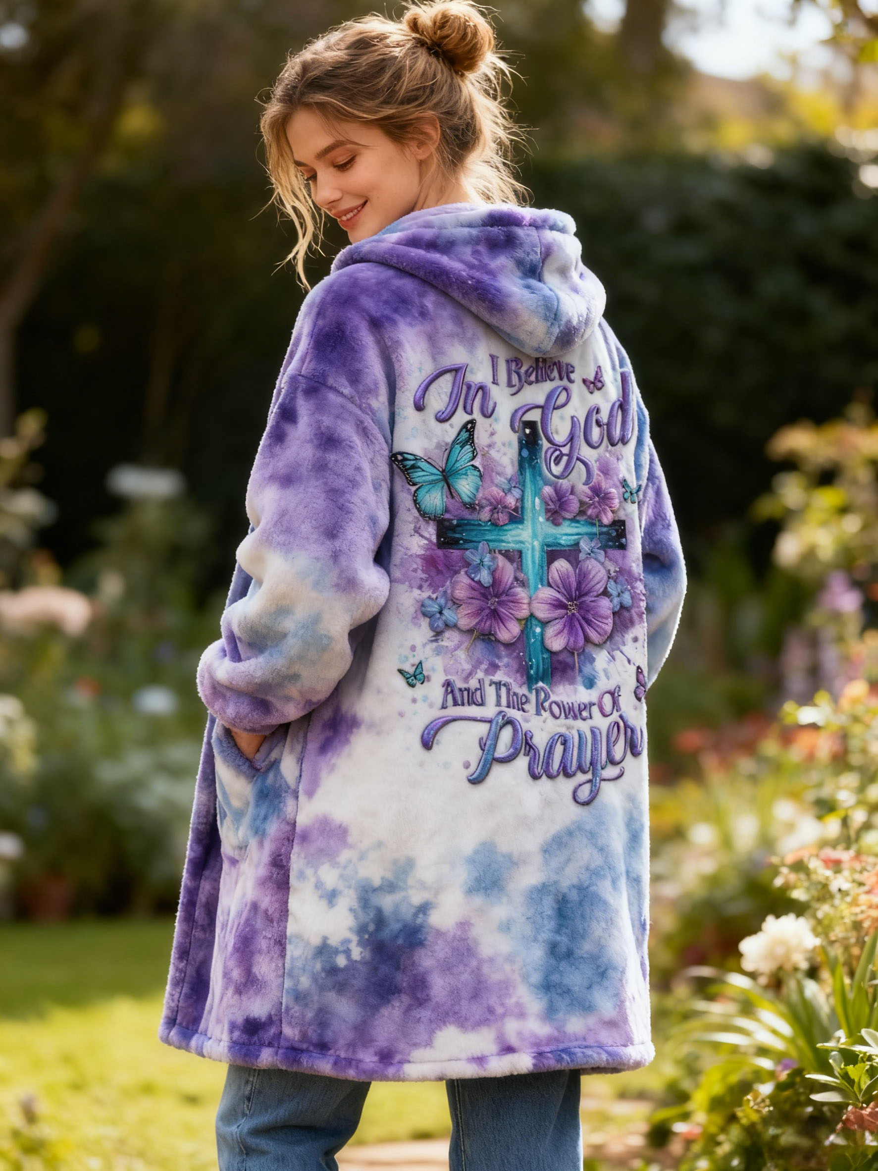 Cross & Butterfly Embroidery "I Believe In God And The Power Of Prayer" Quote Flannel Hooded Long Coat Tie-Dye Fleece Jacket 