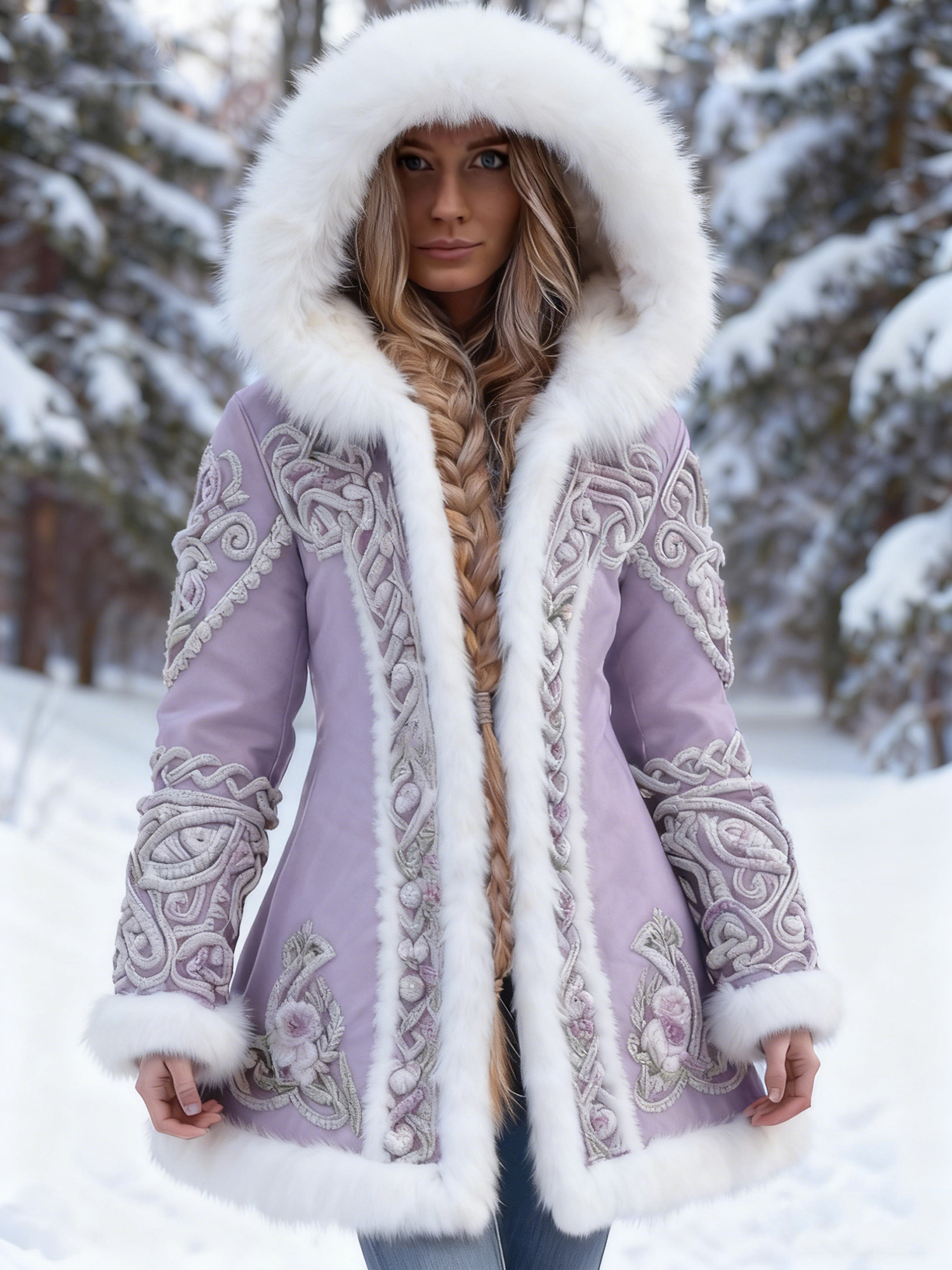 Women's Viking Celtic Knot Floral Braid Embroidered Leather Hooded Coat with White Fur Trim
