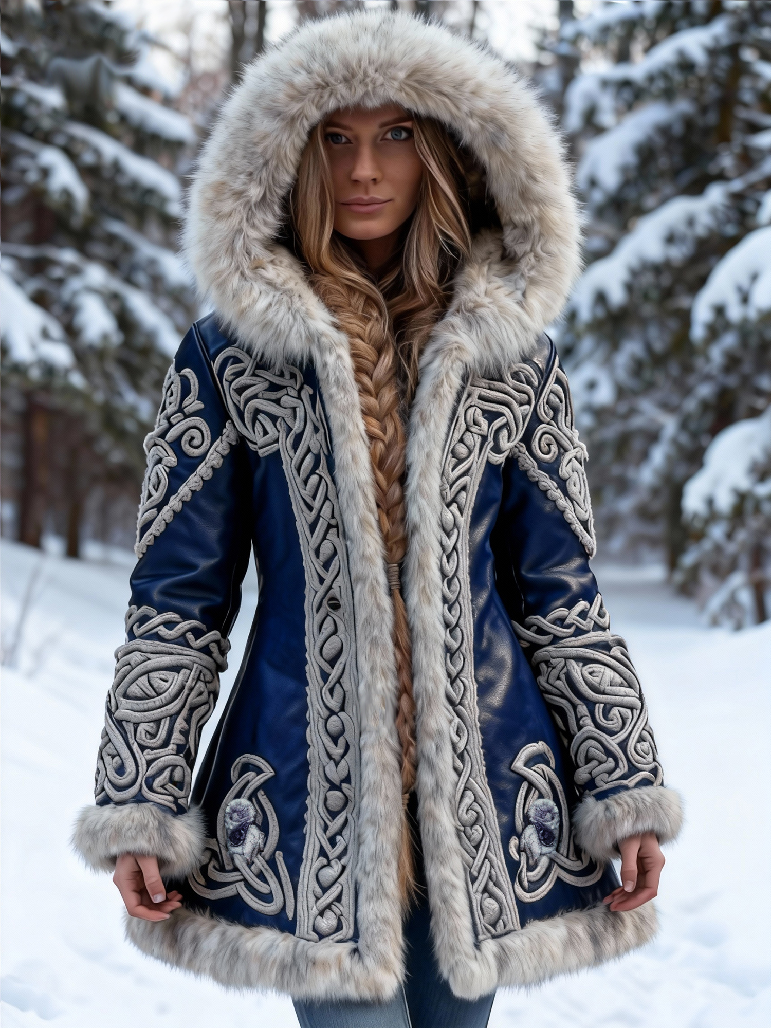 Women's Viking Celtic Knot Floral Braid Embroidered Leather Hooded Coat with White Fur Trim