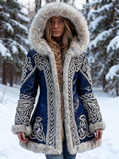 Women's Viking Celtic Knot Floral Braid Embroidered Leather Hooded Coat with White Fur Trim