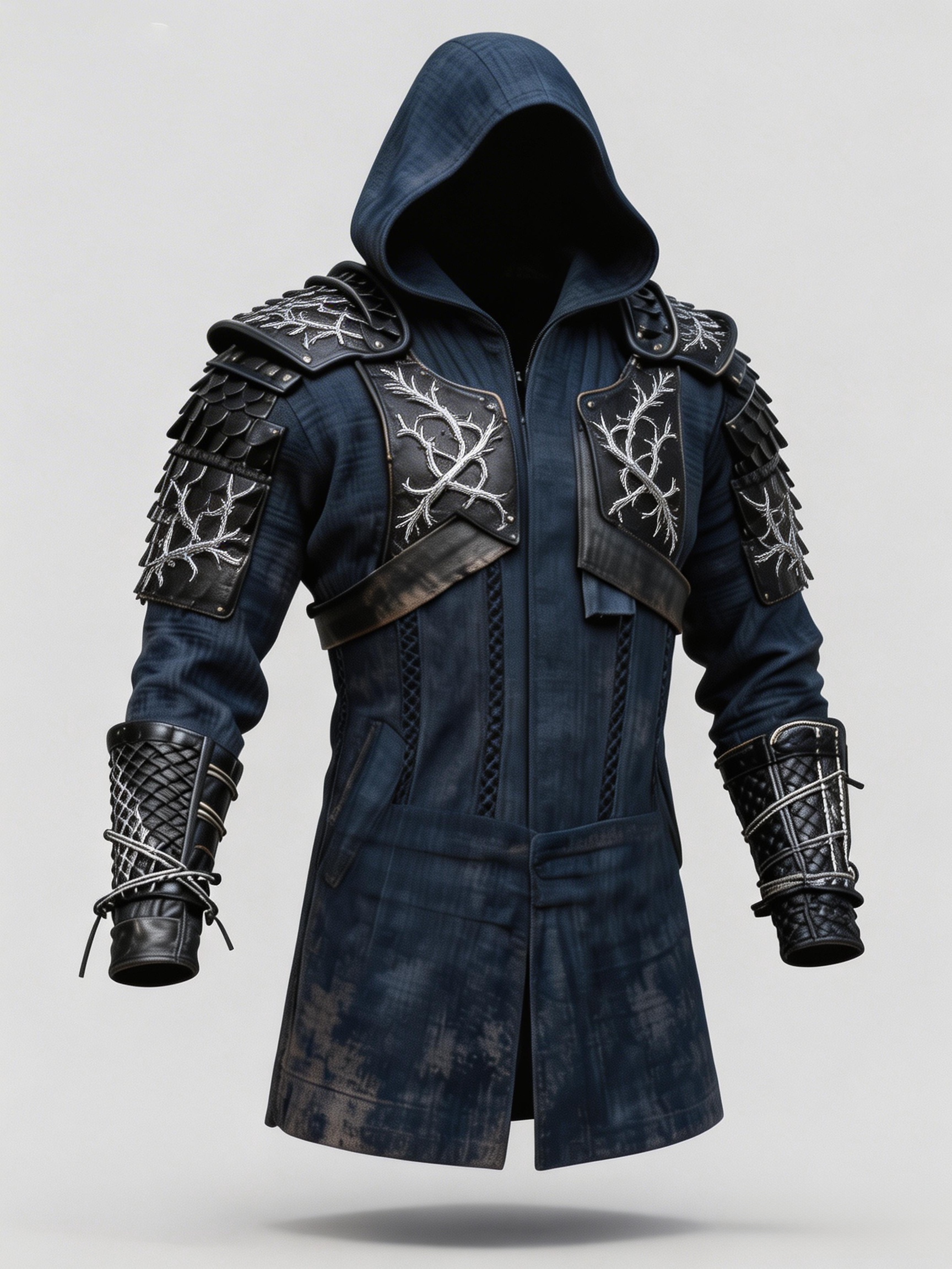 Men's Navy Blue Hooded Samurai Coat Silver Thorn Embroidery Gothic Jacket