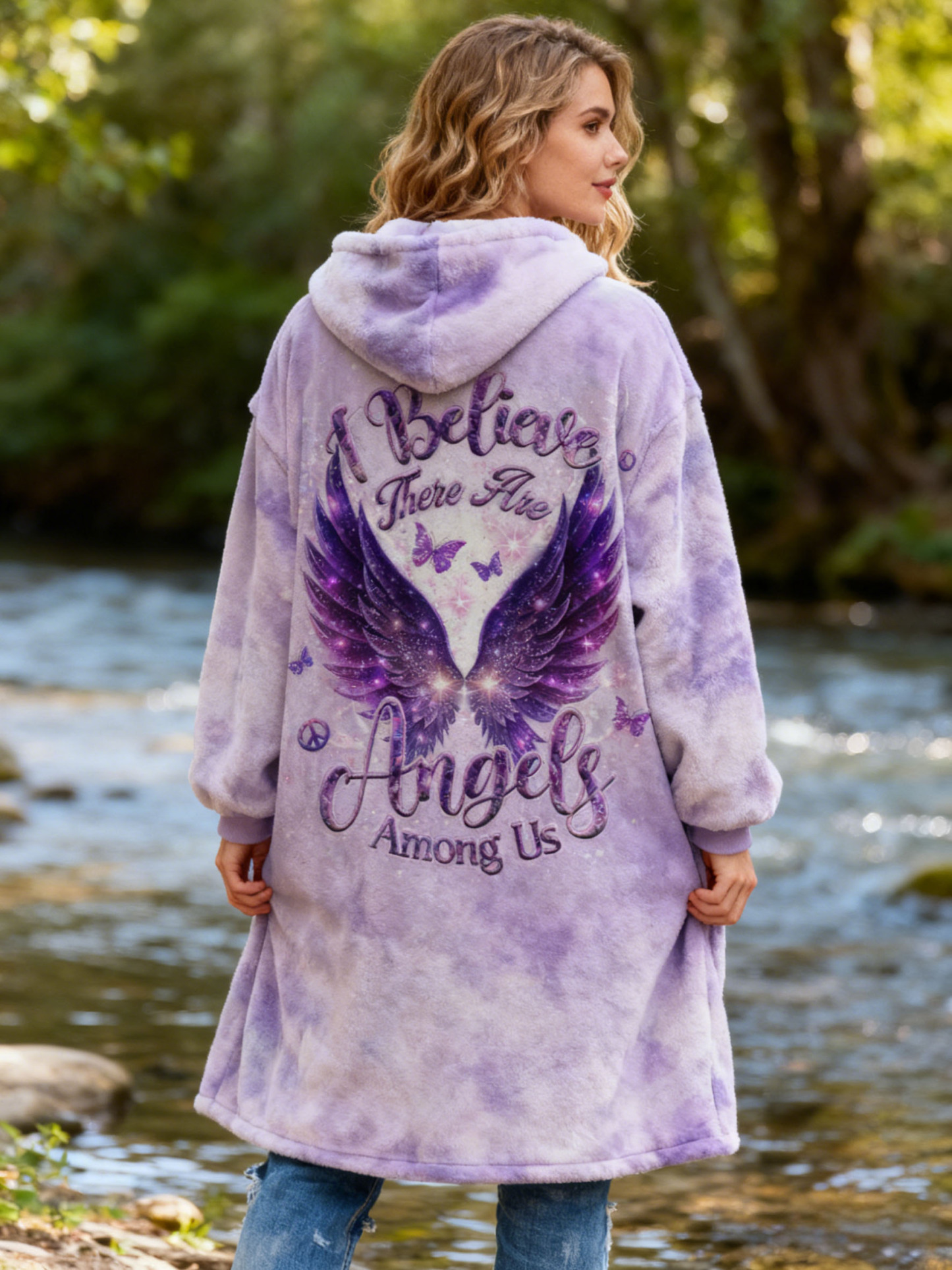 Angel Wings Embroidery "I Believe There Are Angels Among Us" Quote Tie-Dye Flannel Hooded Long Coat Tie-Dye Fleece Jacket 