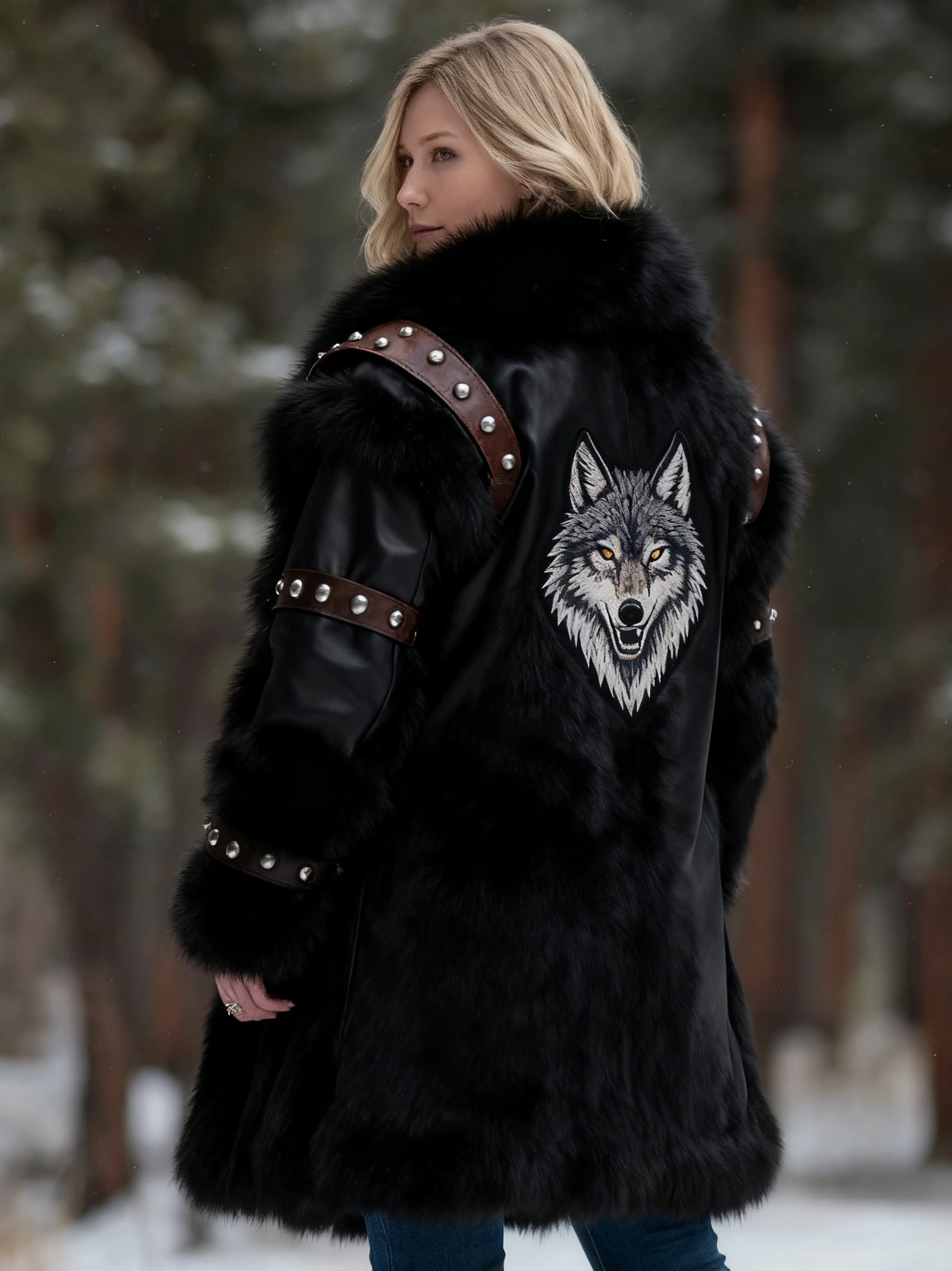 Women's Viking Wolf Embroidered Black Leather & Faux Fur Coat with Studded Accents