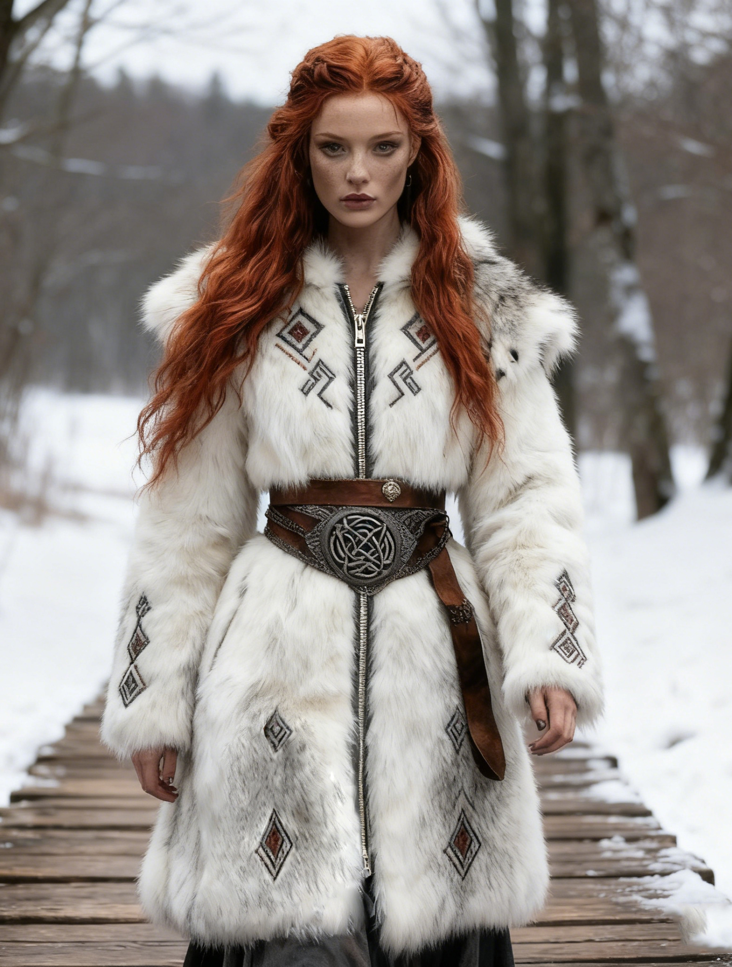 Women's Viking Geometric Embroidered Faux Fur Hooded Coat with Ornate Leather Waistband Belt
