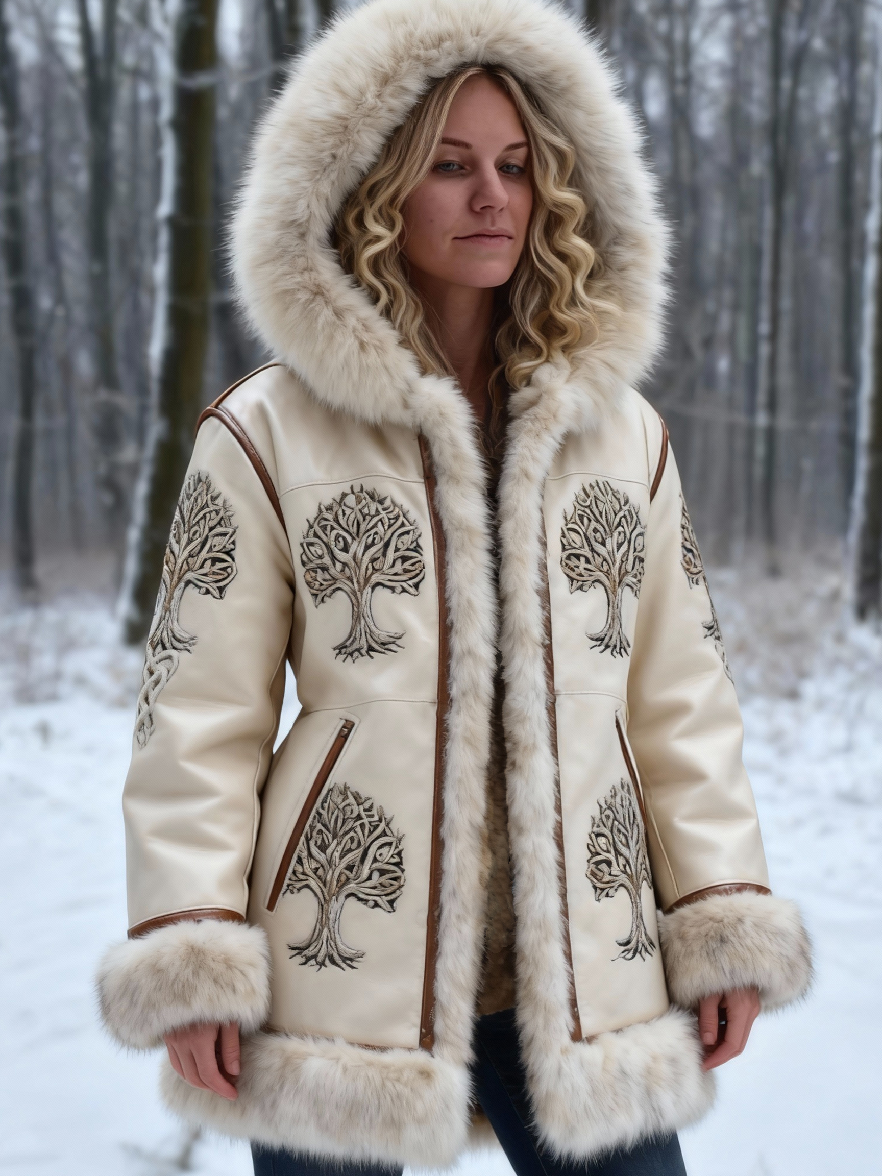 Women's Yggdrasil Tree Embroidered Leather Hooded Jacket with Faux Fur Trim