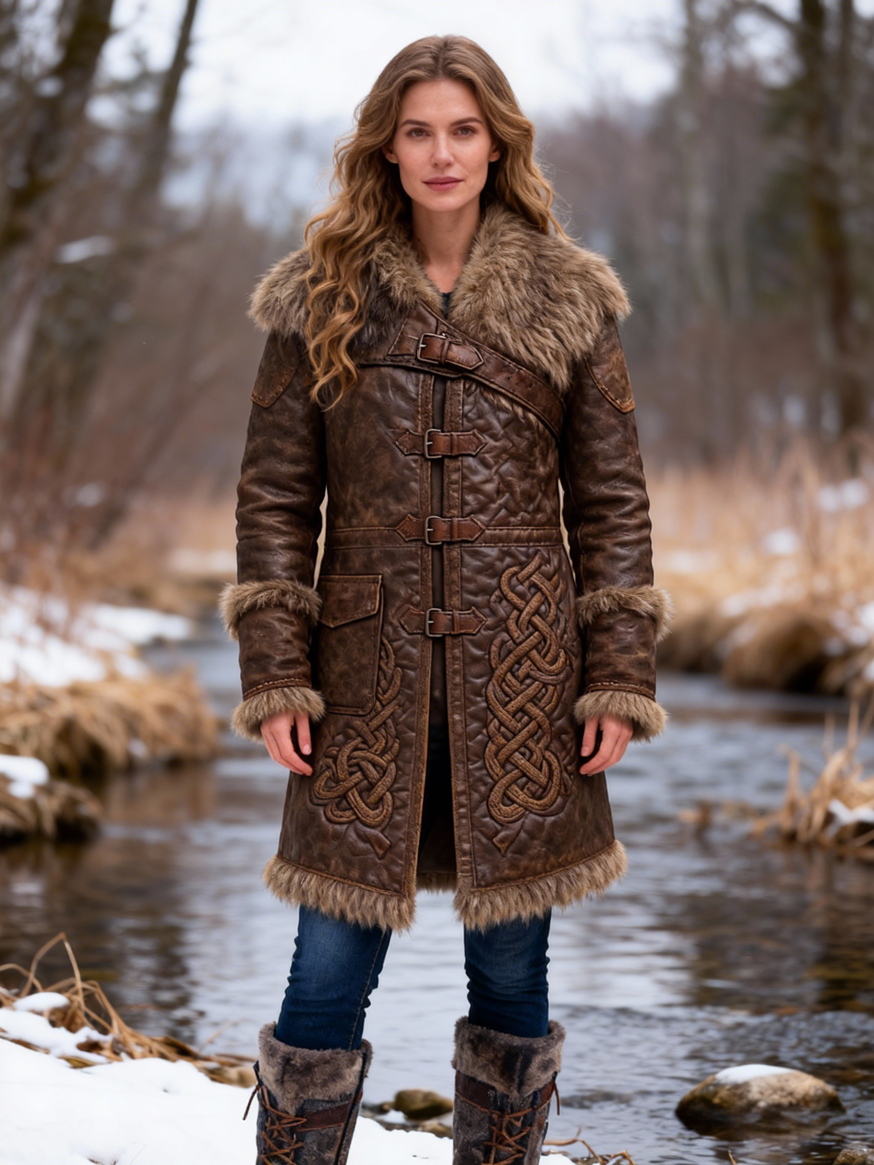 Women's Viking Celtic Knot Vintage Distressed Leather Coat with Faux Fur Trim 
