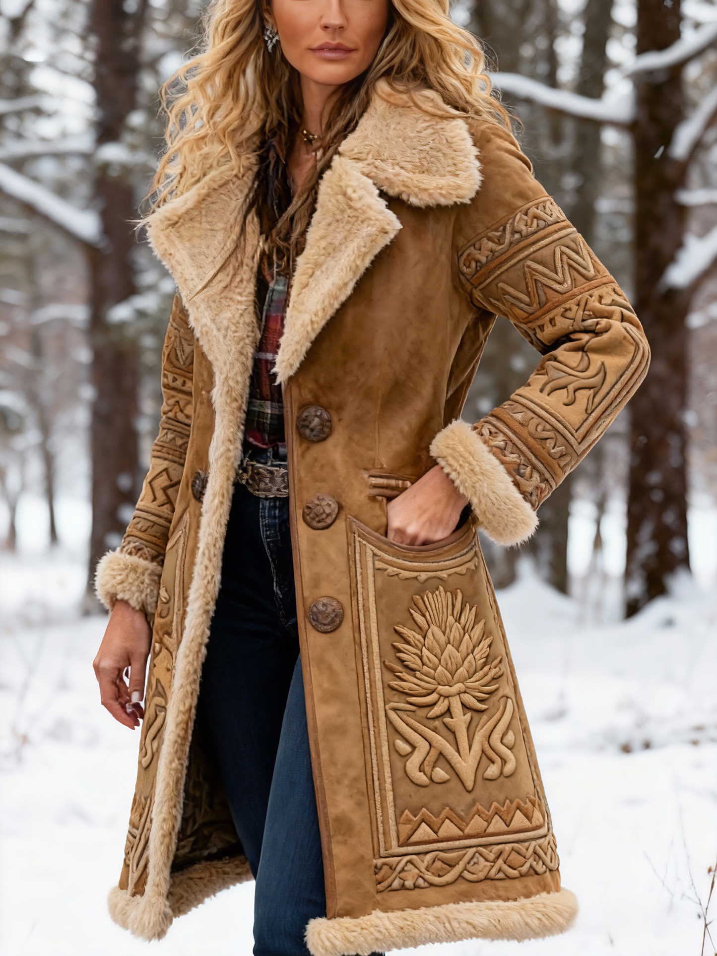 Women's Viking Thistle Flower Embossed Suede Long Coat with Faux Fur Collar & Trim