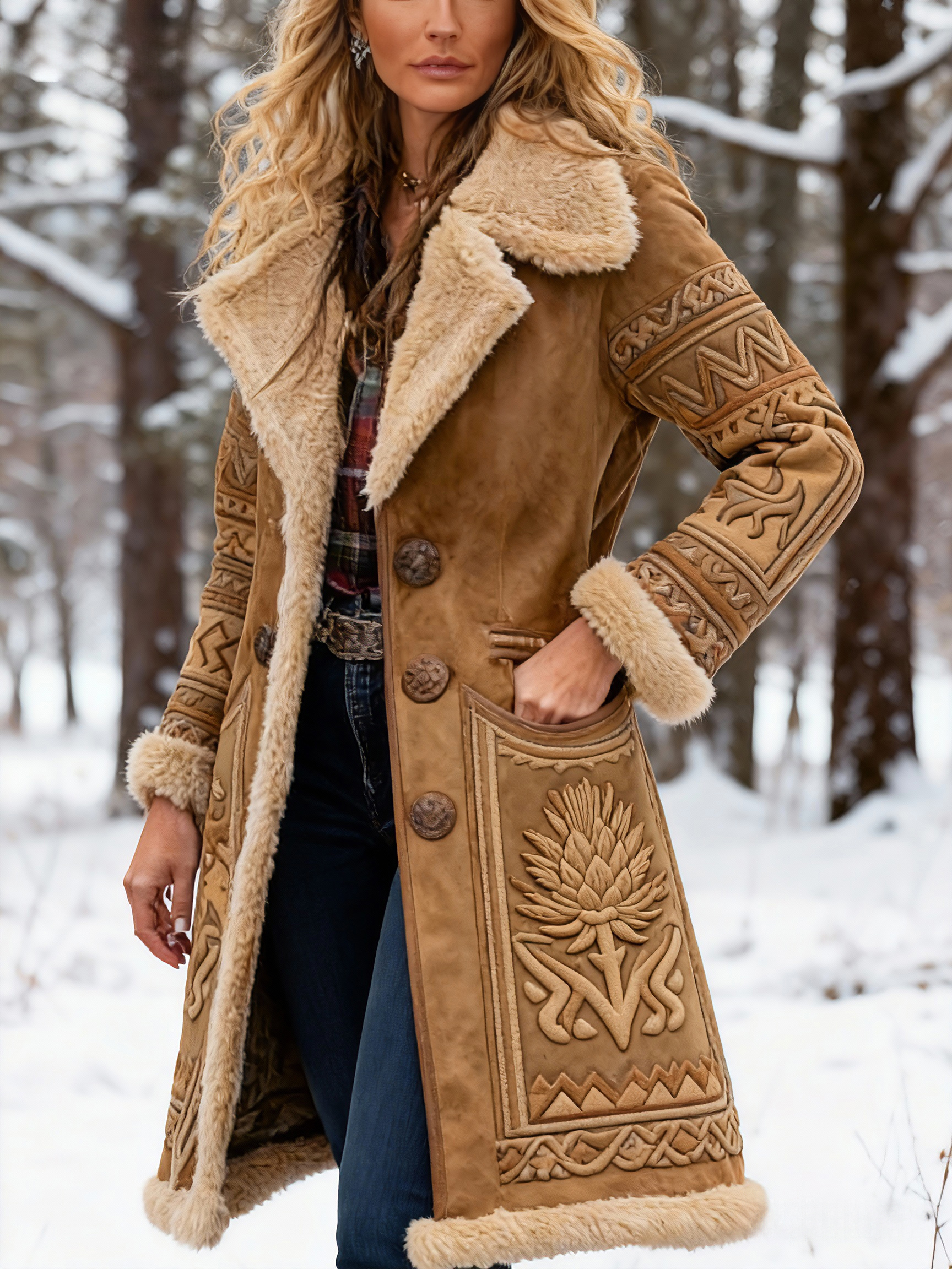 Women's Viking Thistle Flower Embossed Suede Long Coat with Faux Fur Collar & Trim