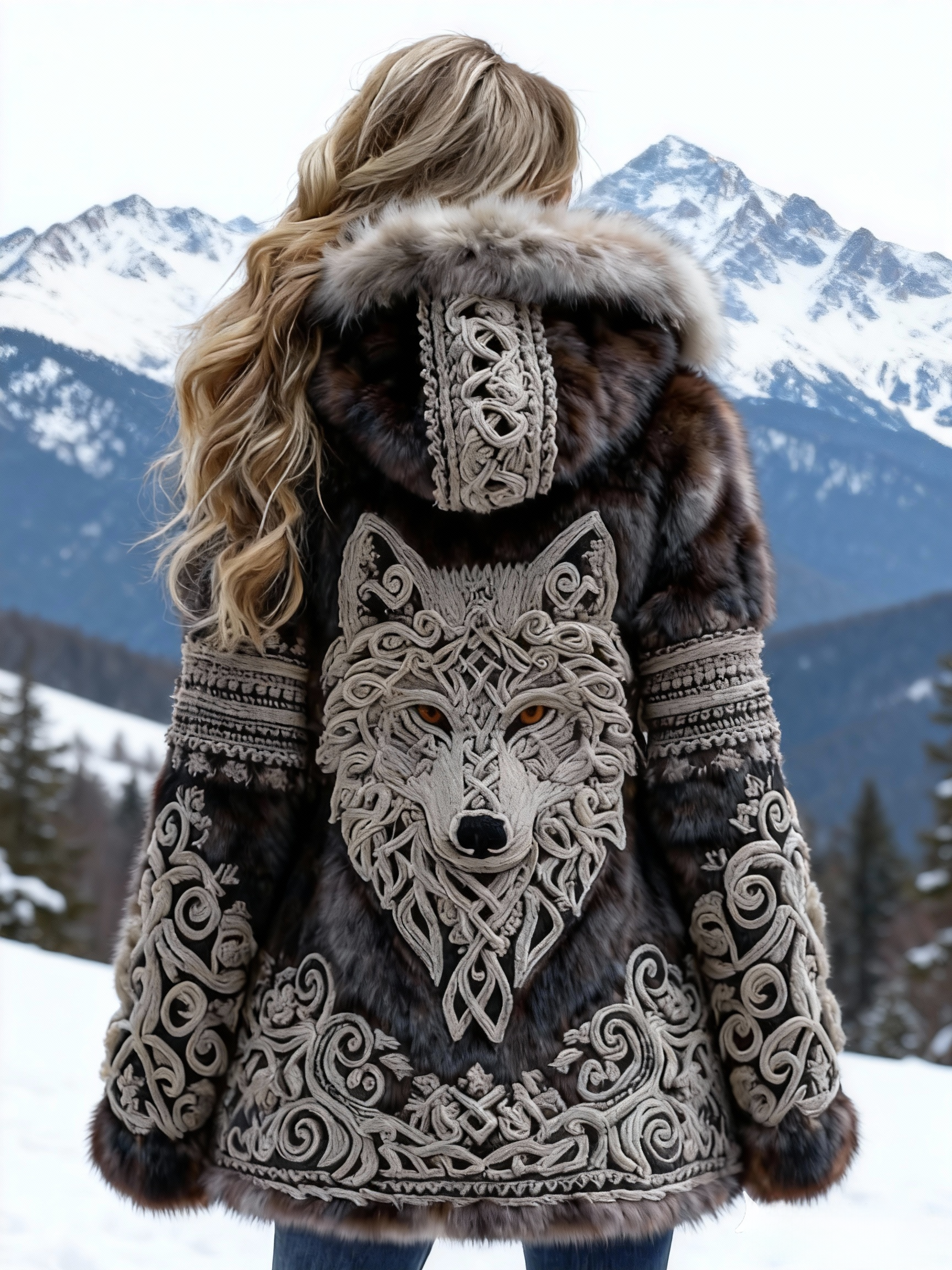 Women's Viking Celtic Knot Wolf Embroidered Faux Fur Hooded Jacket